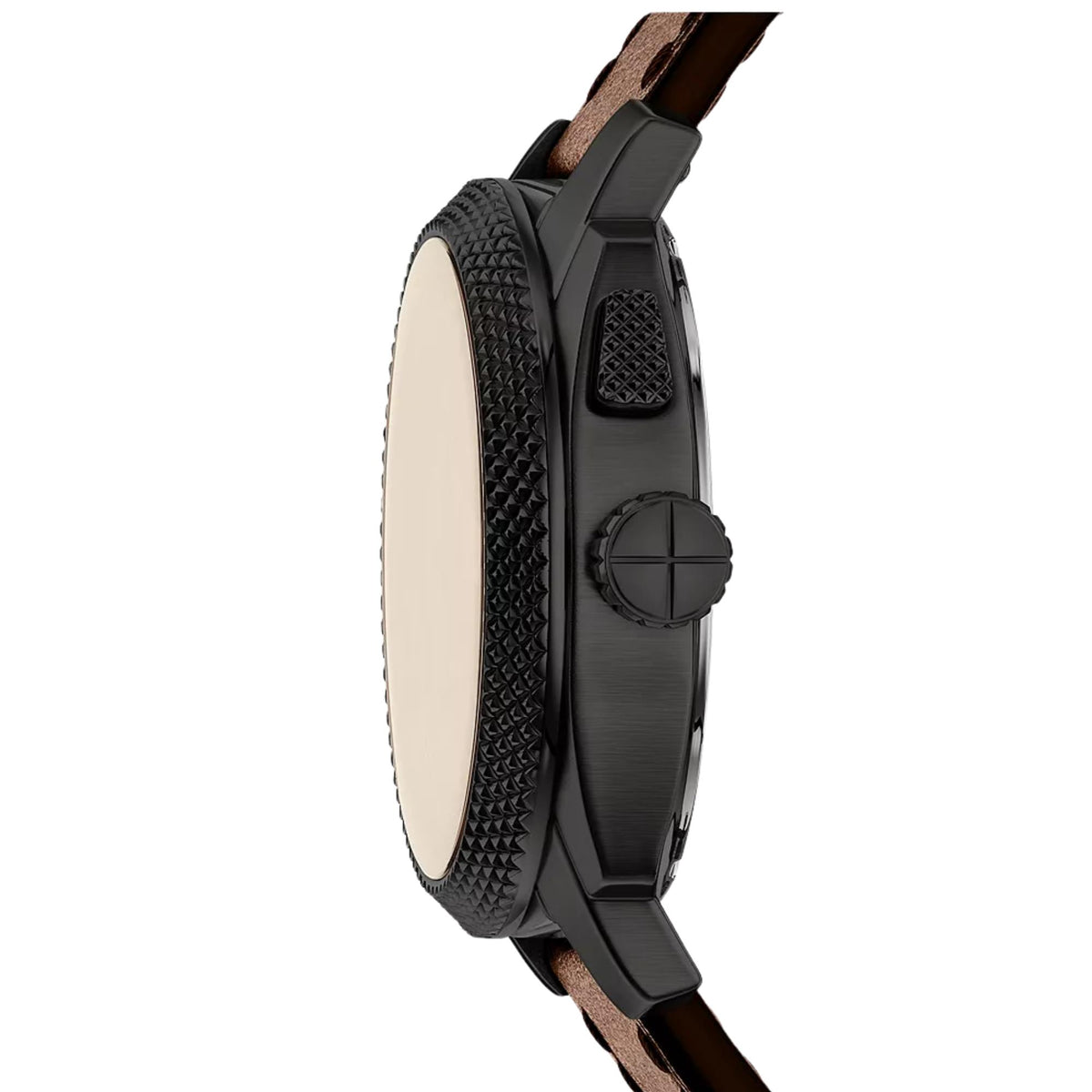 Profile view of Fossil Machine FS6165 mens digi-analogue watch detailing the black case, knurled bezel, and crown controls.