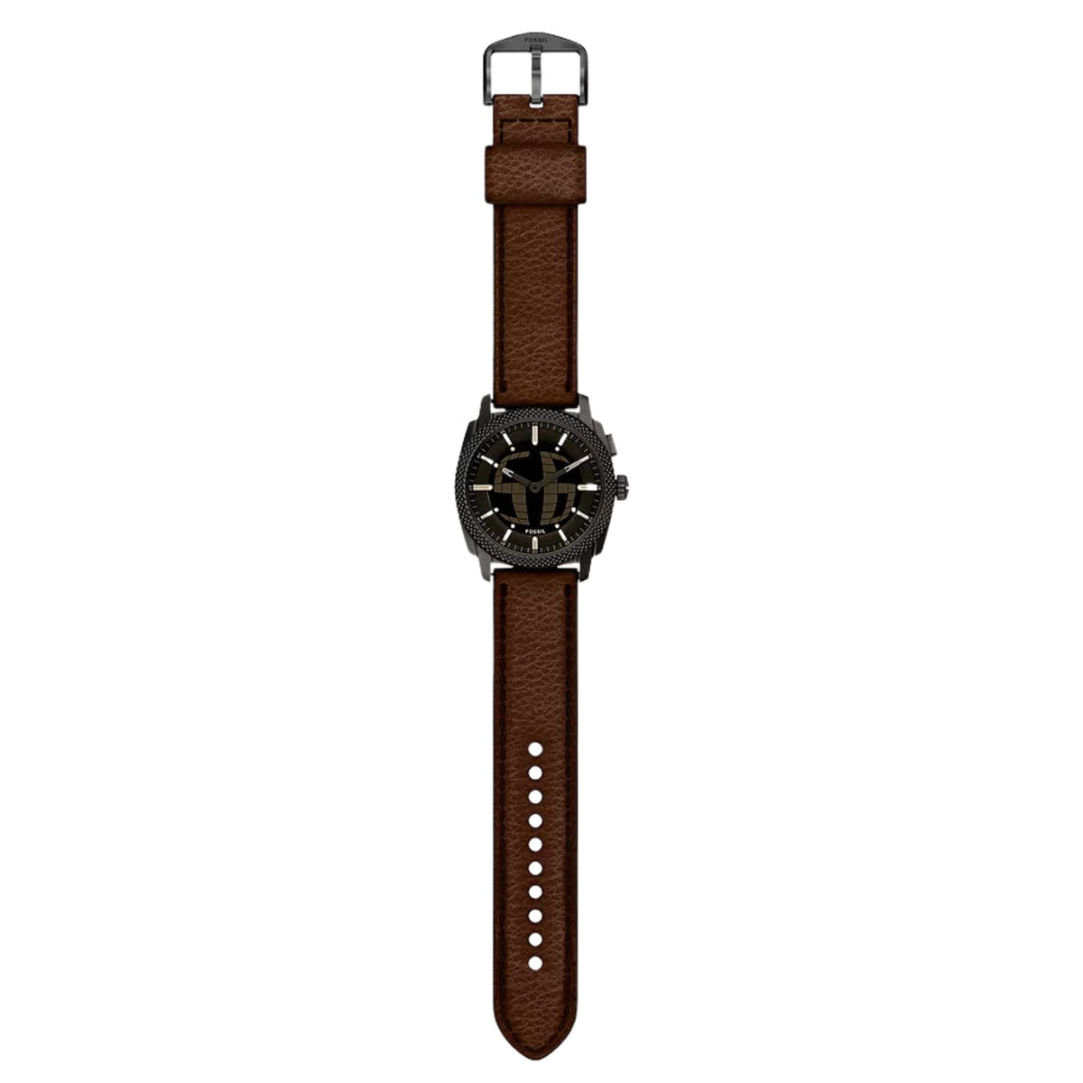 Full lay-flat view of Fossil Machine FS6165 mens watch with extended brown leather strap and black pin buckle.