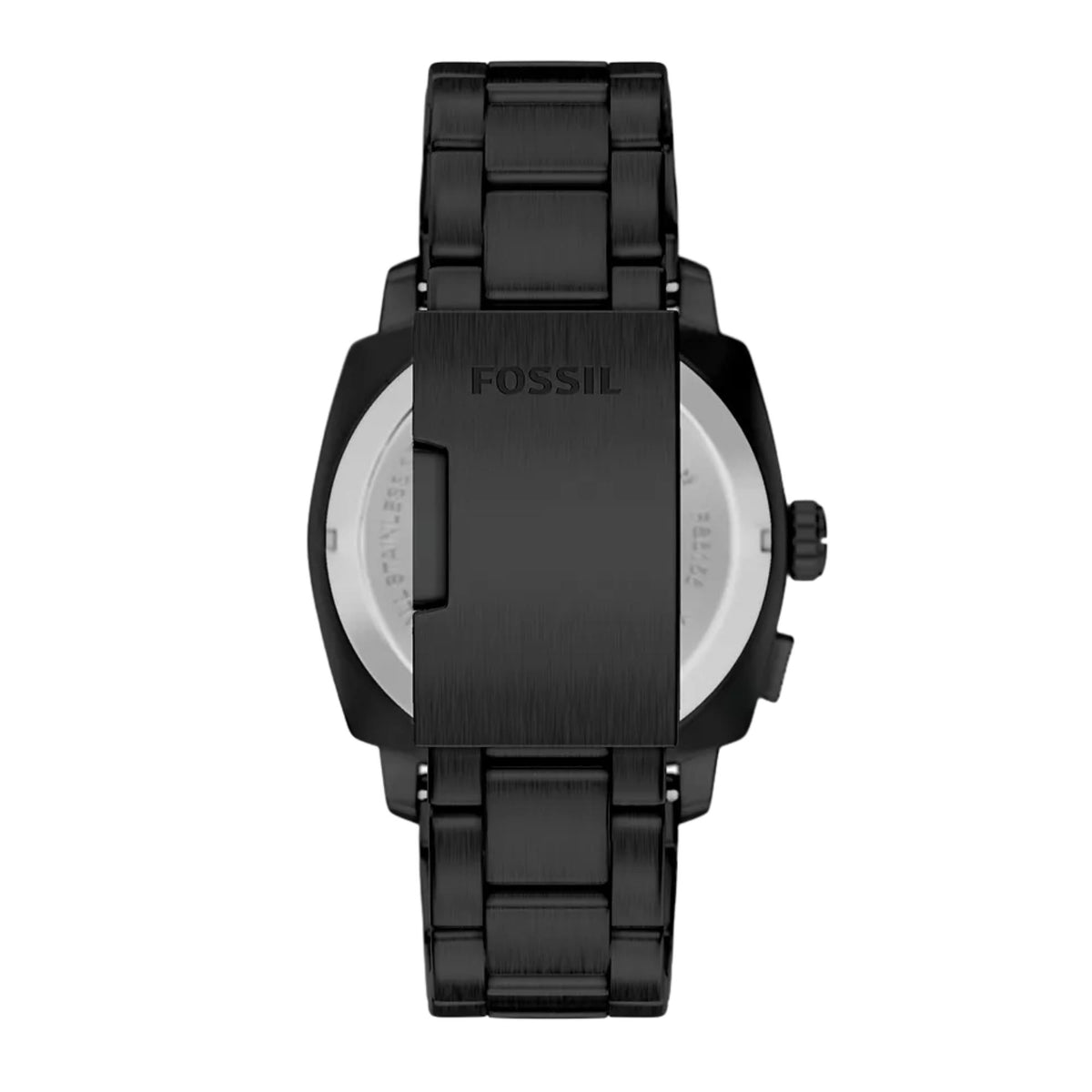Men's black watch case back with black steel bracelet and side crown.