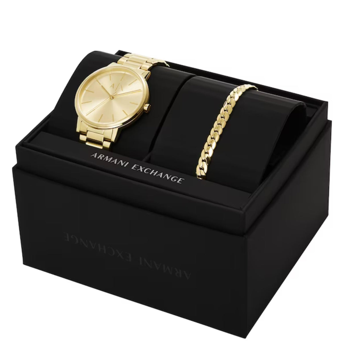 Armani Exchange Cayde AX7144SET gift set displaying a gold dial watch and matching steel chain bracelet presented in a branded box