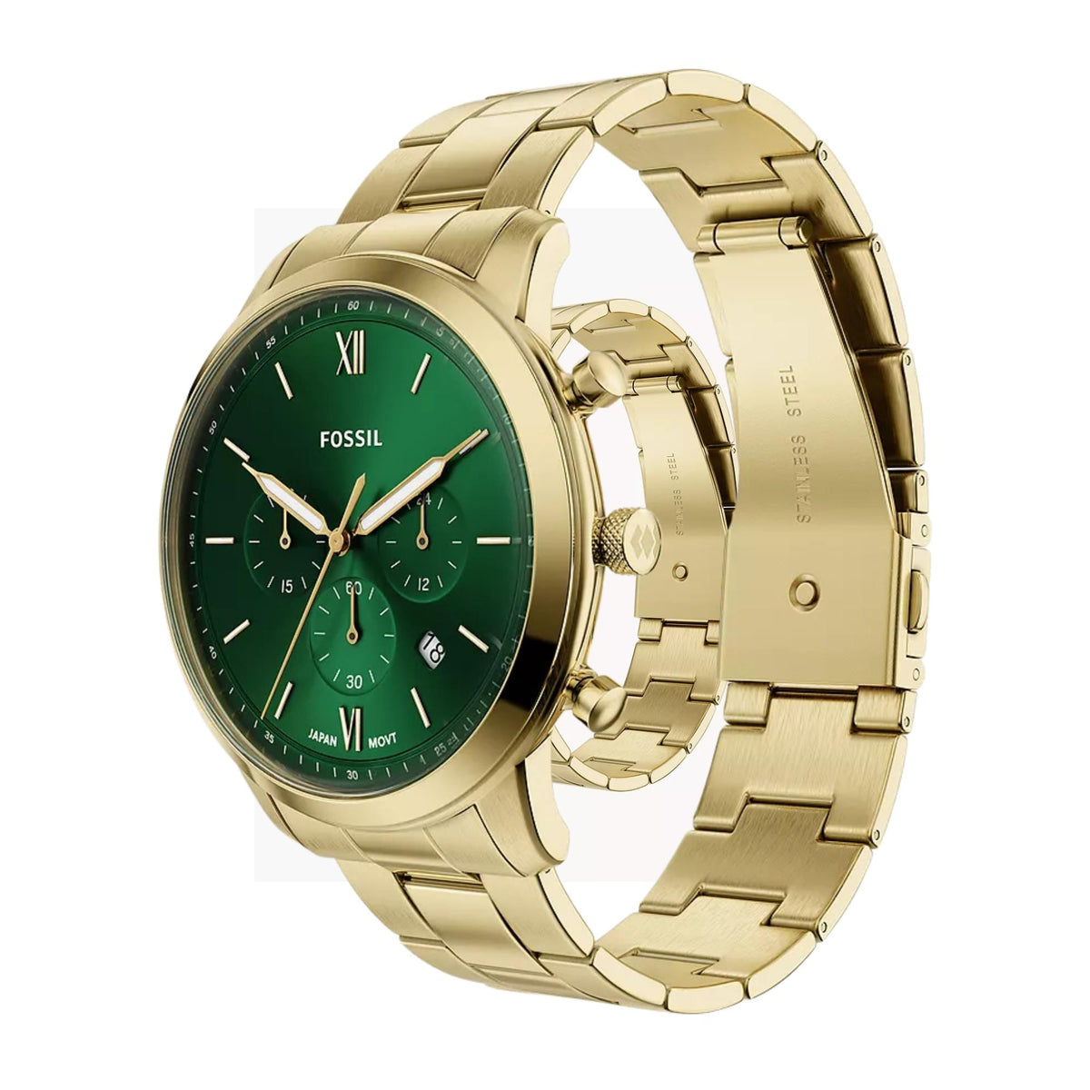 Three-quarter perspective of Fossil Neutra FS6164 mens timepiece detailing the green dial, gold-tone case, and open bracelet clasp