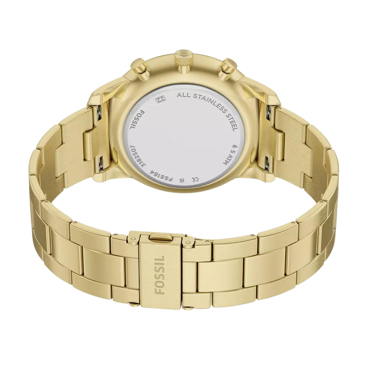 Rear view of Fossil Neutra FS6164 showing the gold-tone folding clasp, stainless steel case back, and bracelet interior
