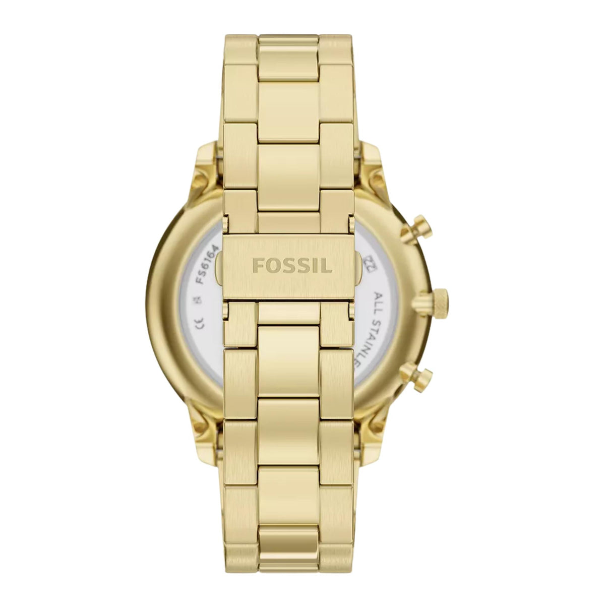 Back view of Fossil Neutra FS6164 displaying the branded gold-tone folding clasp and stainless steel link bracelet