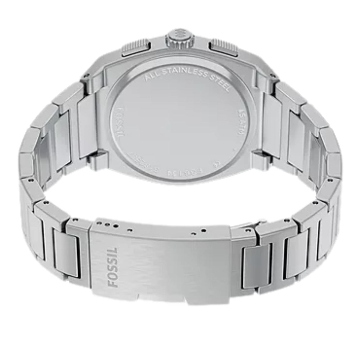 High-angle rear view focusing on the Fossil integrated bracelet and folding clasp construction