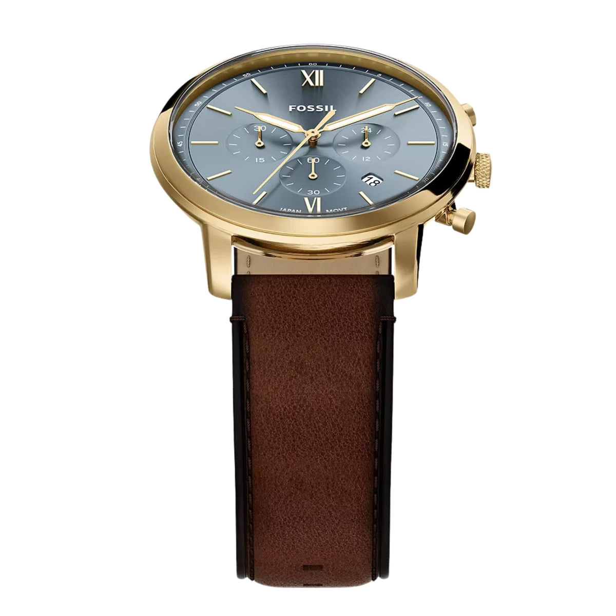 Top-down angled view of Fossil Neutra FS6162 mens watch emphasizing the blue dial, gold-tone bezel, and brown strap attachment