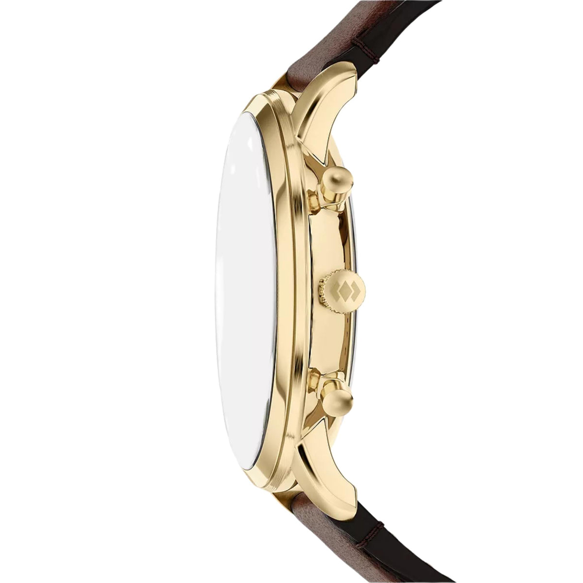 Profile shot of Fossil Neutra FS6162 mens timepiece focusing on the slim gold-tone casing, crown, and chronograph pushers