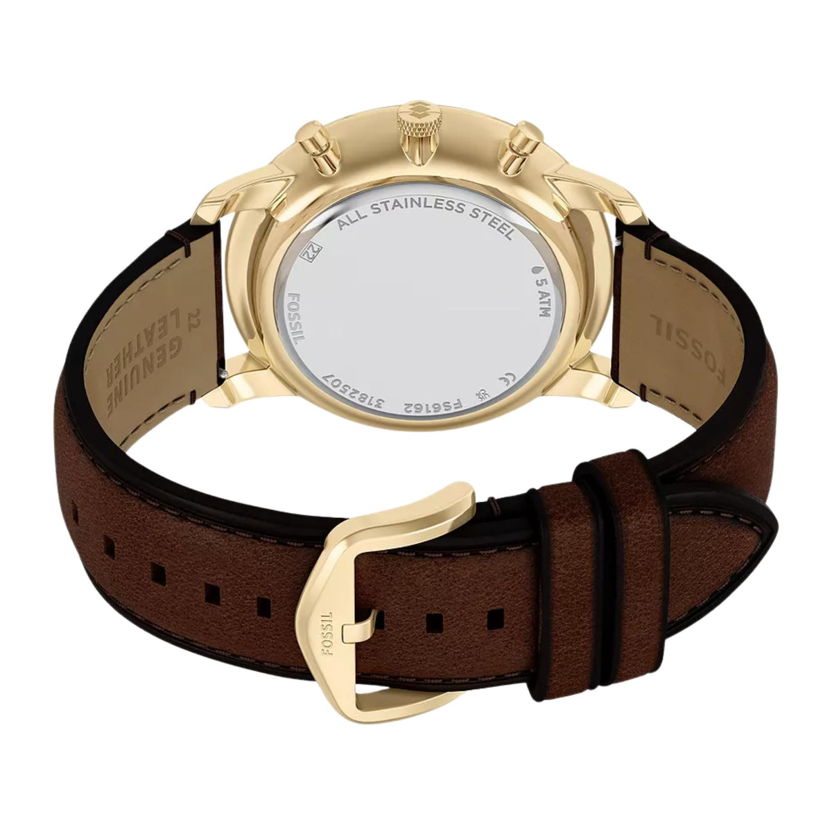 Underside view of Fossil Neutra FS6162 displaying the gold-tone buckle, genuine brown leather strap, and case back details
