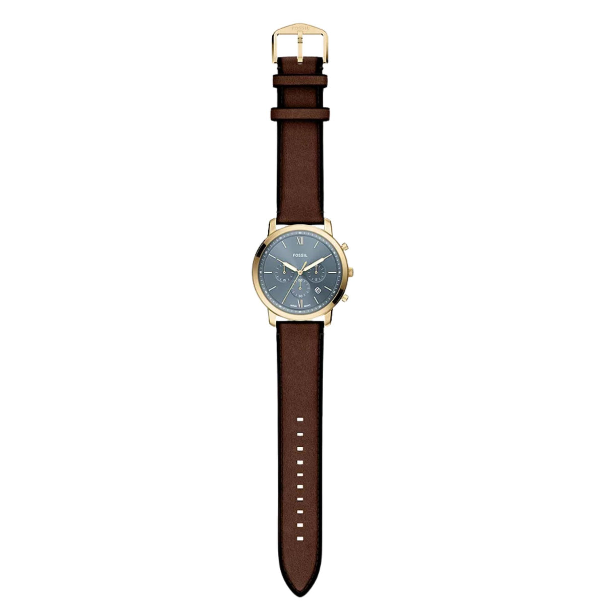 Flat lay layout of Fossil Neutra FS6162 mens chronograph highlighting the complete brown leather strap, gold-tone case, and blue dial