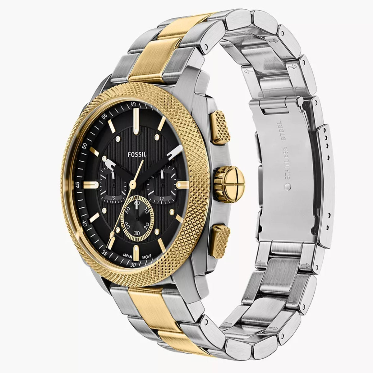 Angled view of Fossil Machine FS6159 mens watch highlighting the black dial, gold-tone bezel, and two-tone steel bracelet