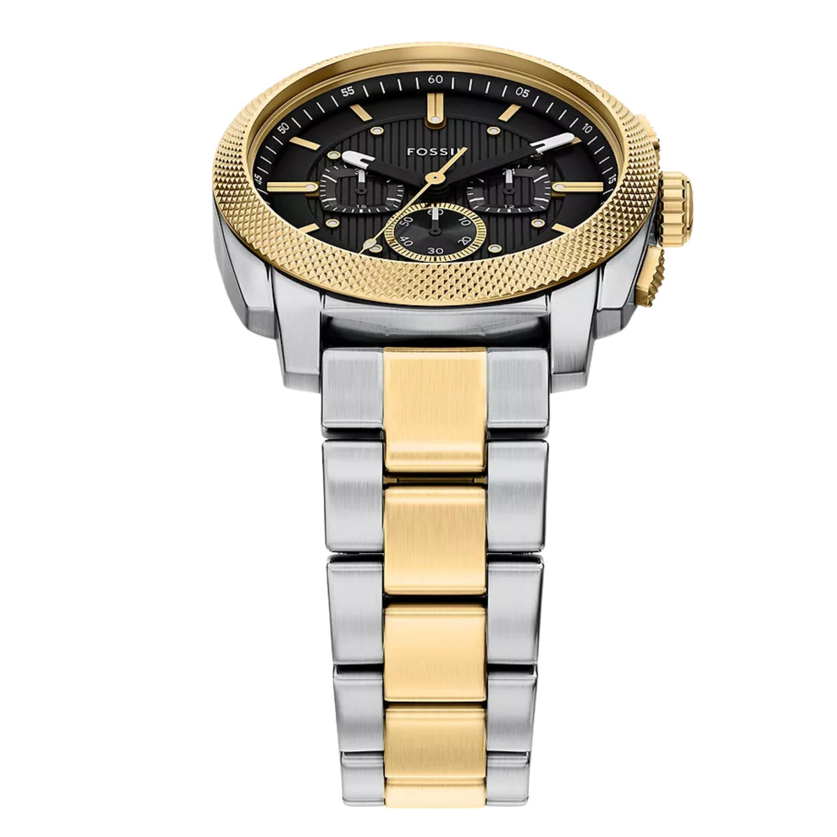 Top-down angle view of Fossil Machine FS6159 mens timepiece showcasing the black dial, gold-tone knurled bezel, and two-tone bracelet links