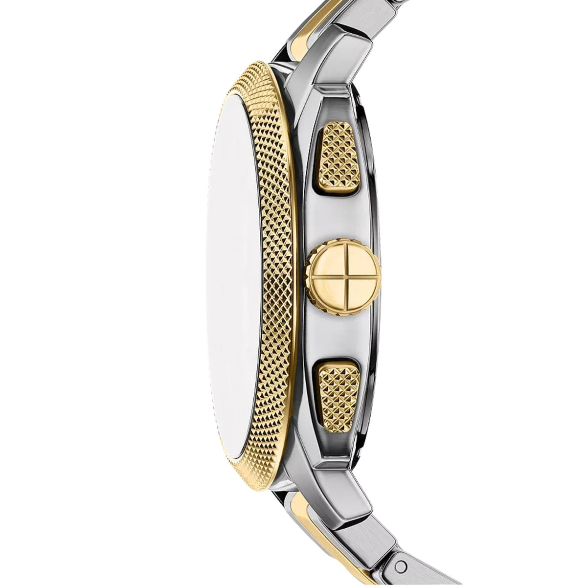 Profile view of Fossil Machine FS6159 mens watch detailing the silver-tone case, gold-tone knurled bezel, crown, and pushers