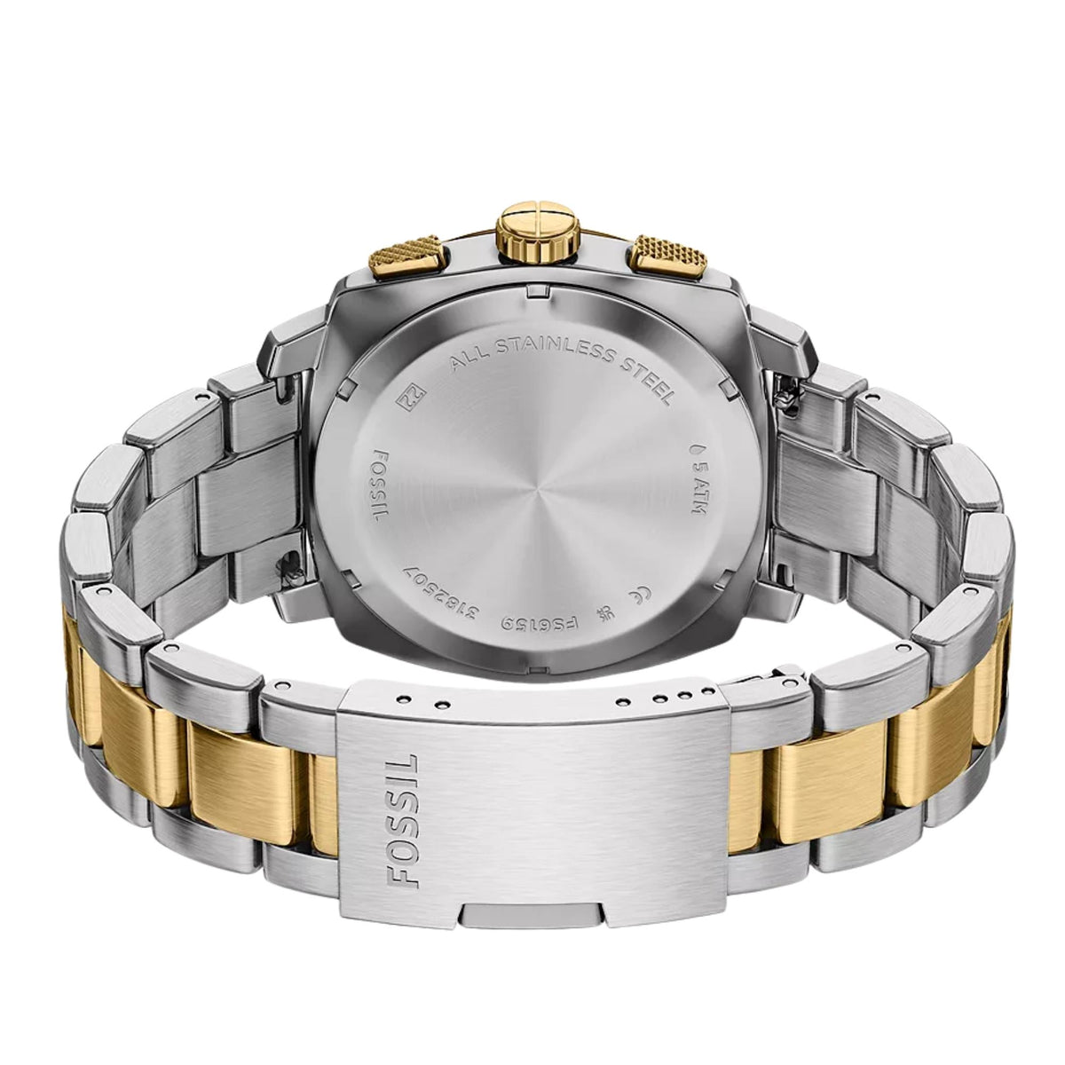 Underside view of Fossil Machine FS6159 showing the stainless steel case back and two-tone bracelet with folding clasp