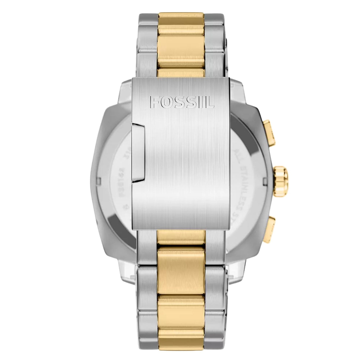 Rear view of Fossil Machine FS6159 two-tone steel bracelet displaying the branded folding deployment clasp