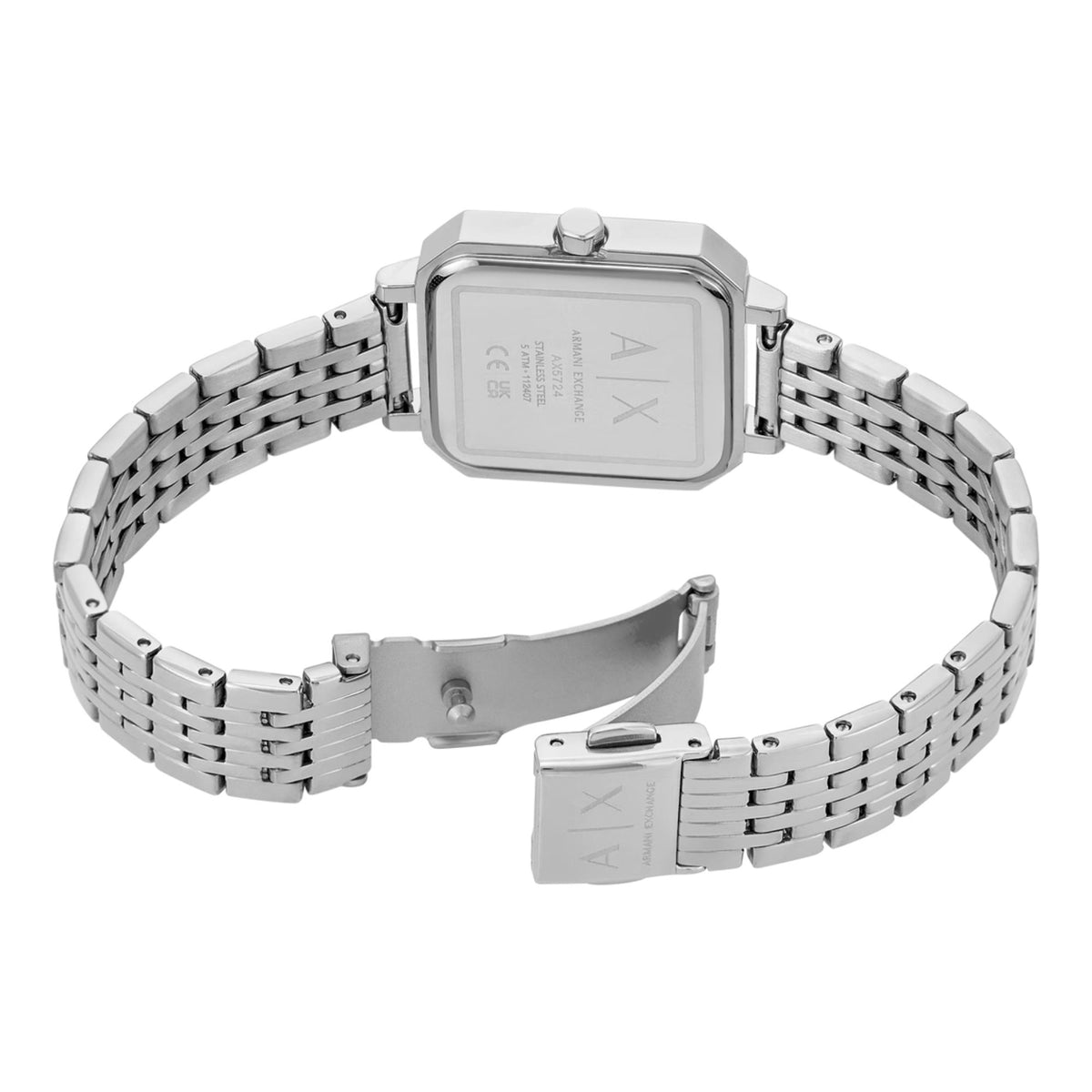 Armani Exchange Leila watch brushed stainless steel link bracelet and secure folding clasp