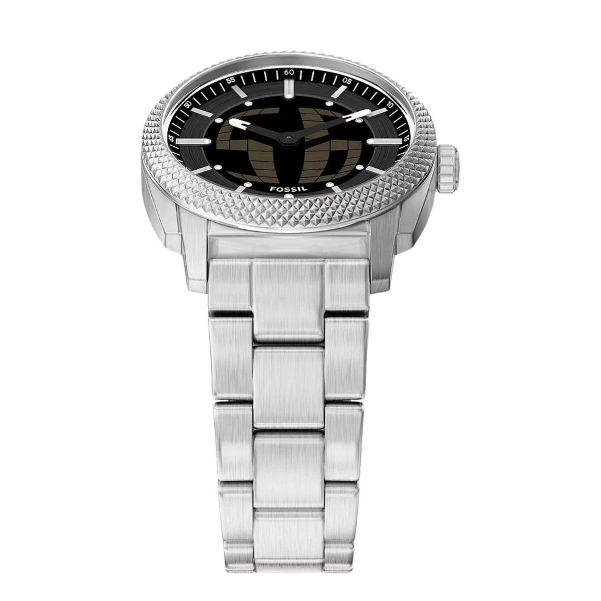 Fossil steel watch front view with black dial, silver textured bezel, link bracelet