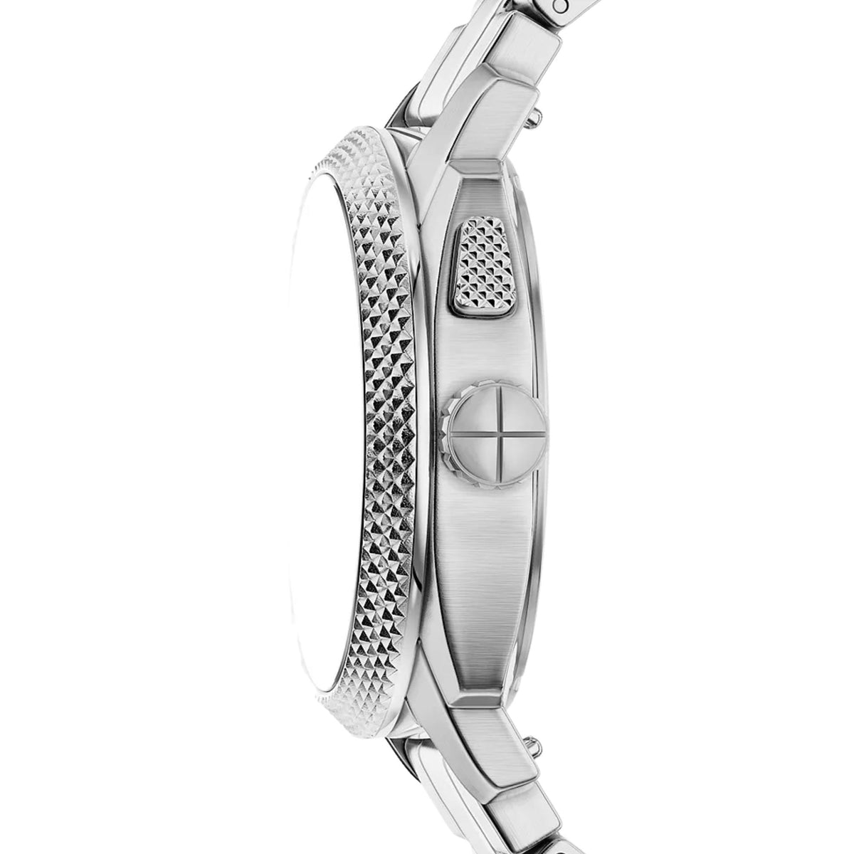 Stainless-steel watch case side detail with textured bezel edge and crown