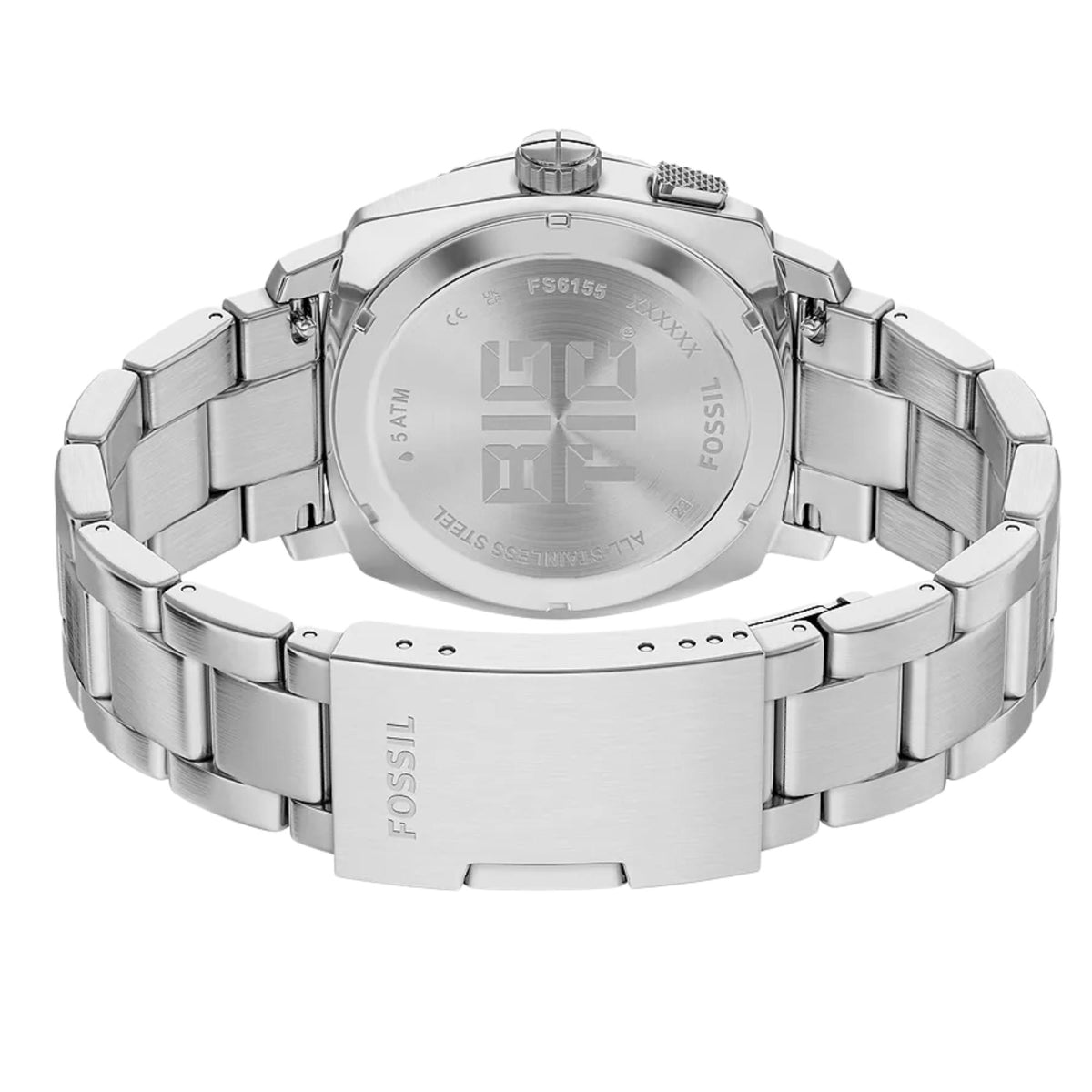 Fossil steel watch caseback and clasp, bracelet links with side crown