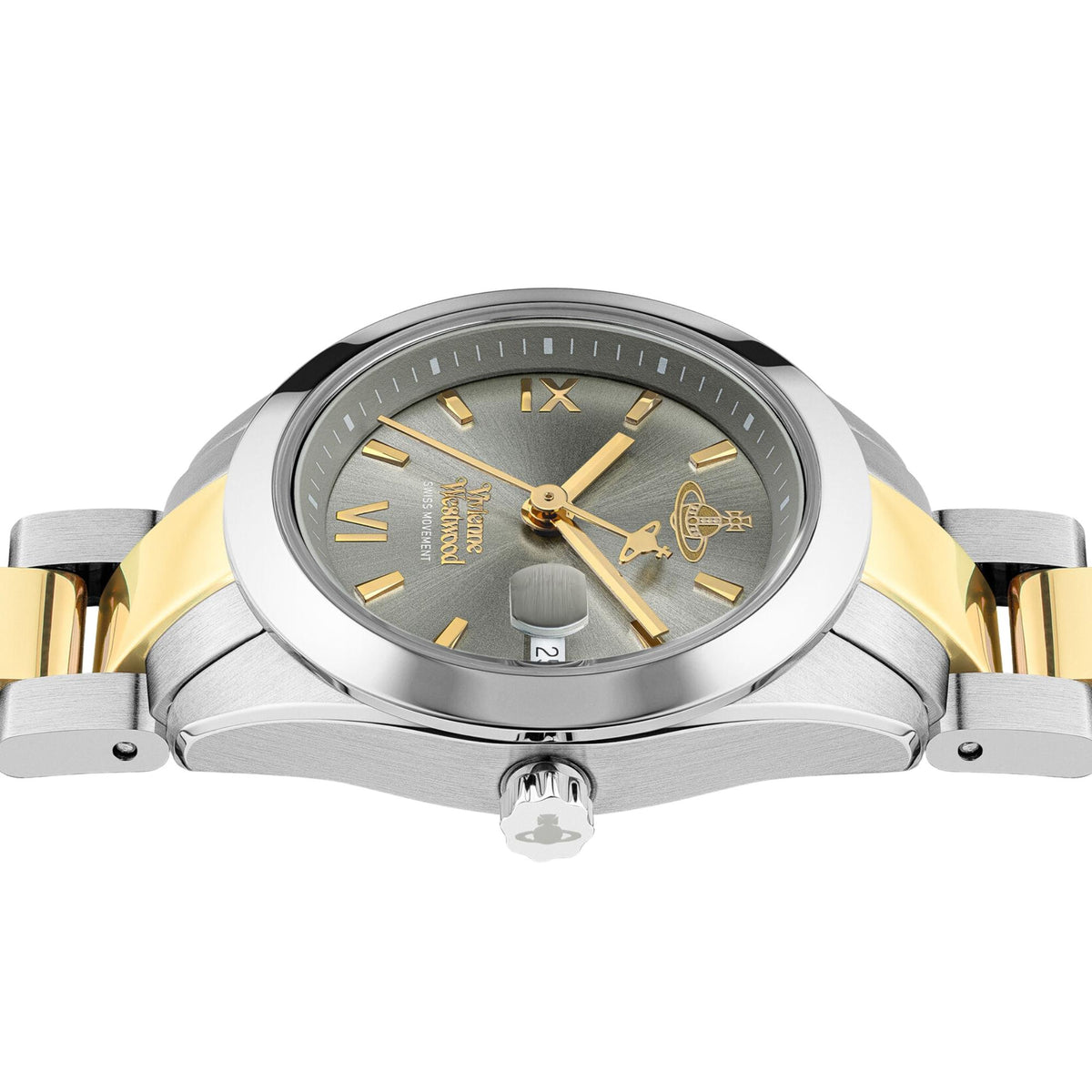 Vivienne Westwood Fenchurch VV292GYSG case profile and fluted crown detail view