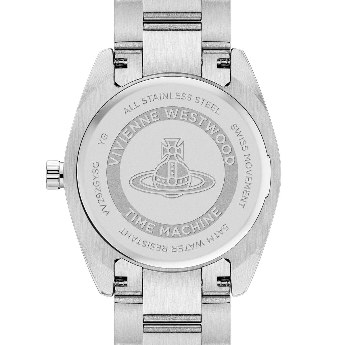 Vivienne Westwood Fenchurch VV292GYSG stainless steel case back engraving view