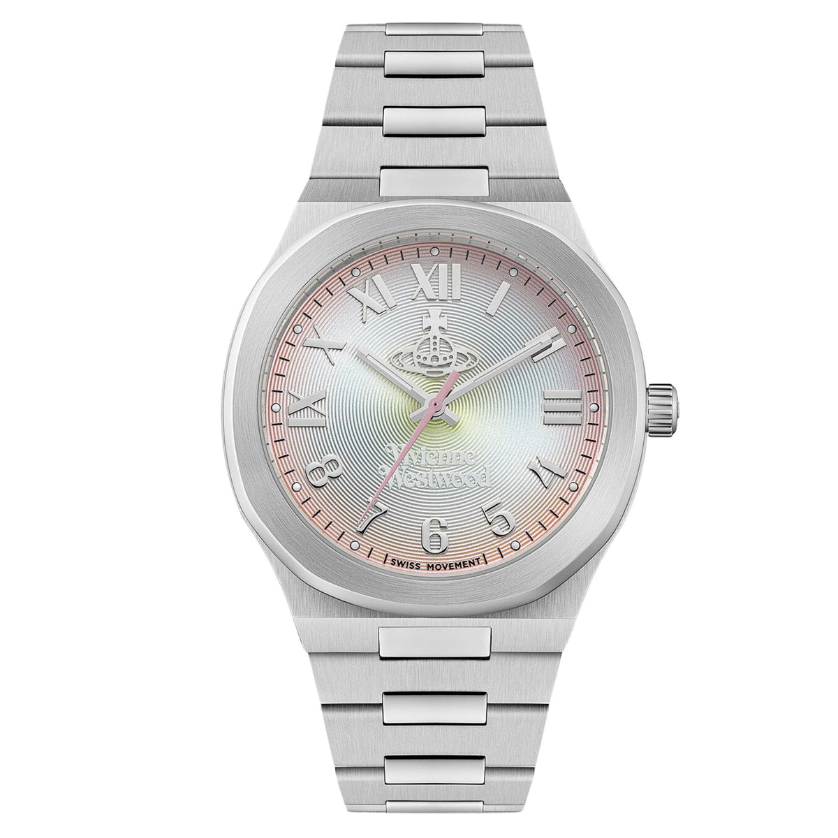 Vivienne Westwood Merton VV318MTSL watch displaying a multi-colour dial and a steel link bracelet