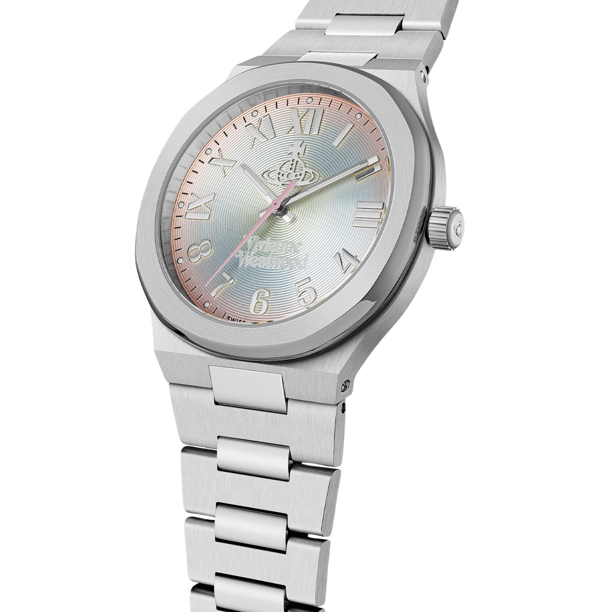 Vivienne Westwood Merton VV318MTSL angled view showcasing multi-colour dial, smooth bezel, and steel strap
