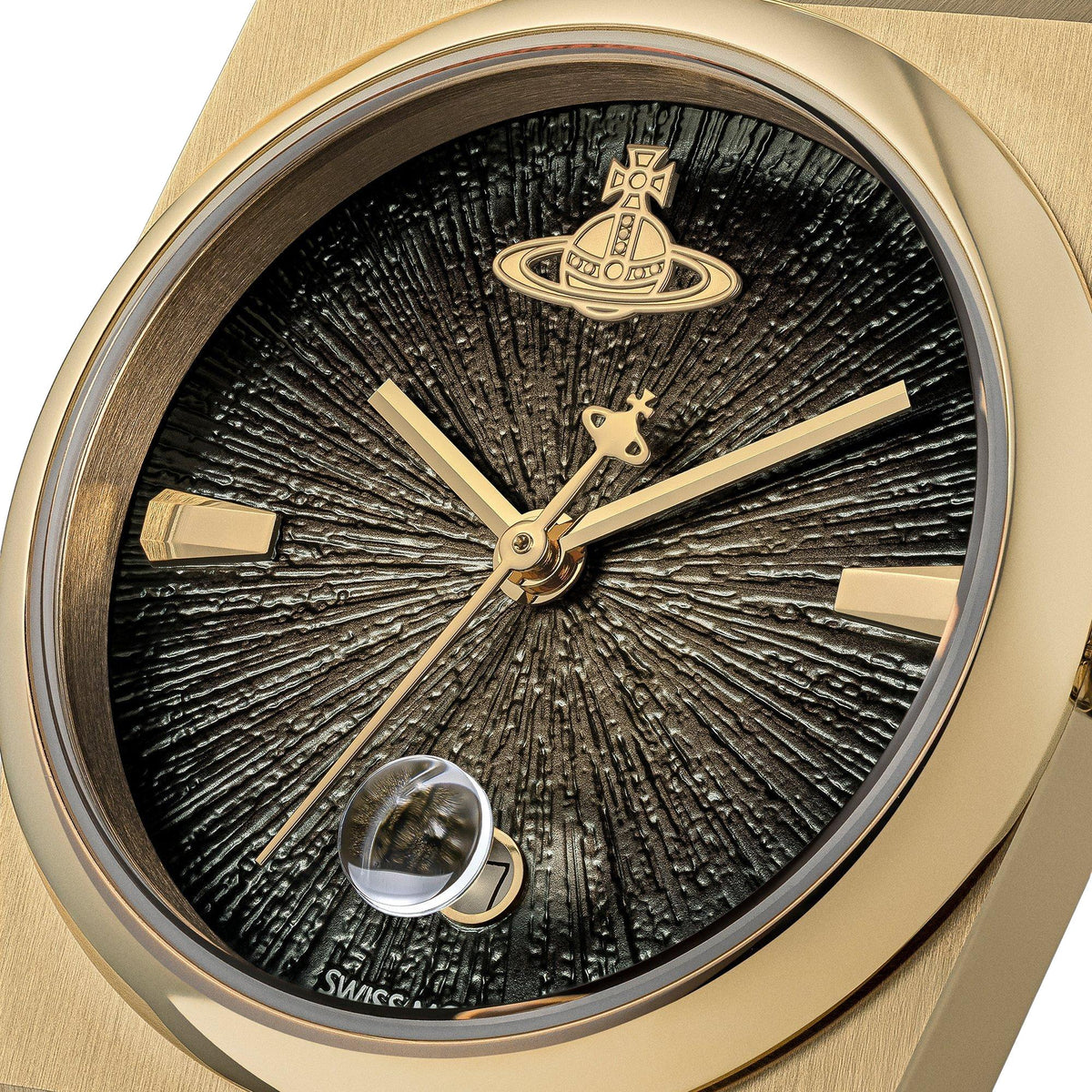 Vivienne Westwood The Hoxton VV332MTGD textured black dial and logo close up