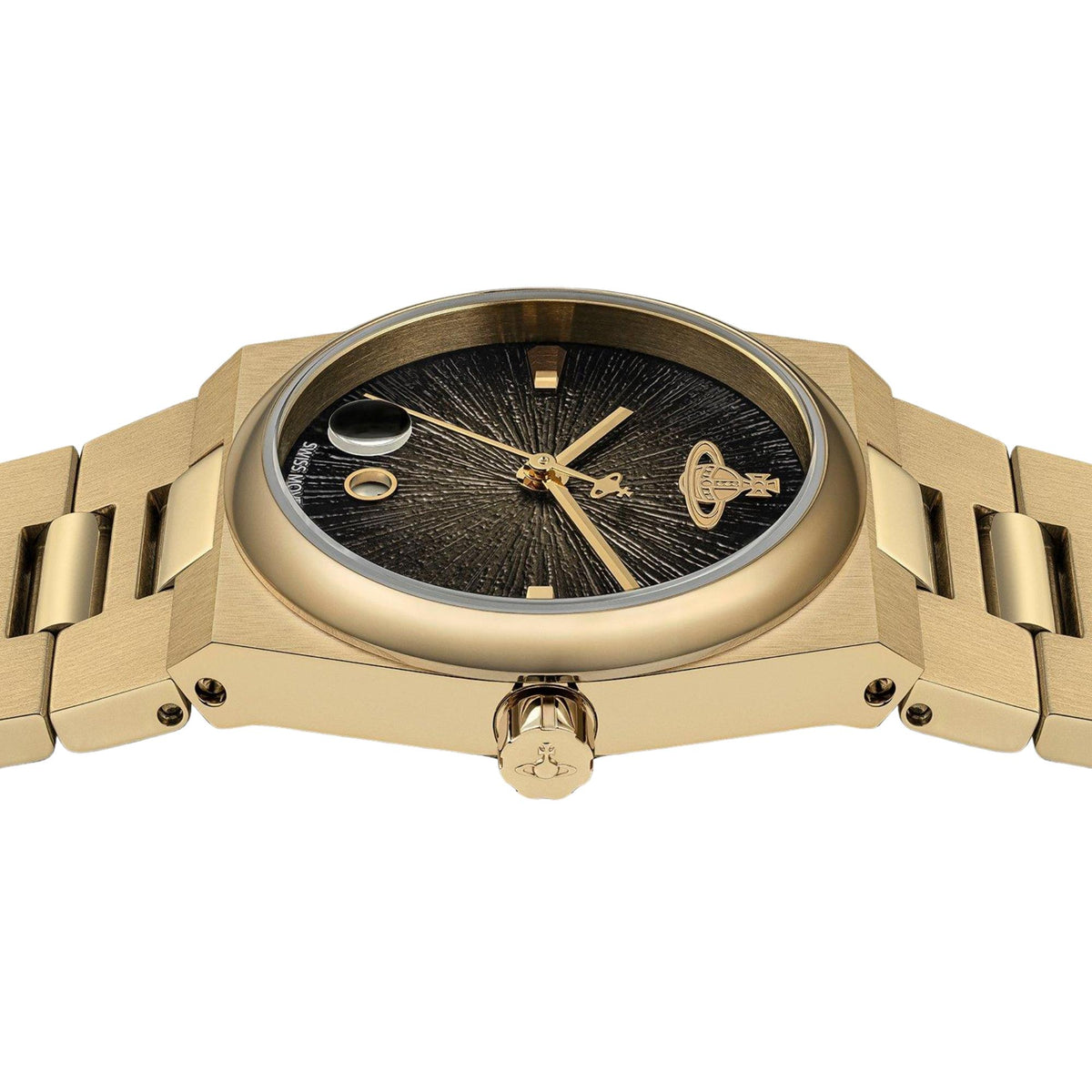 Vivienne Westwood The Hoxton VV332MTGD gold tone stainless steel case and crown side view