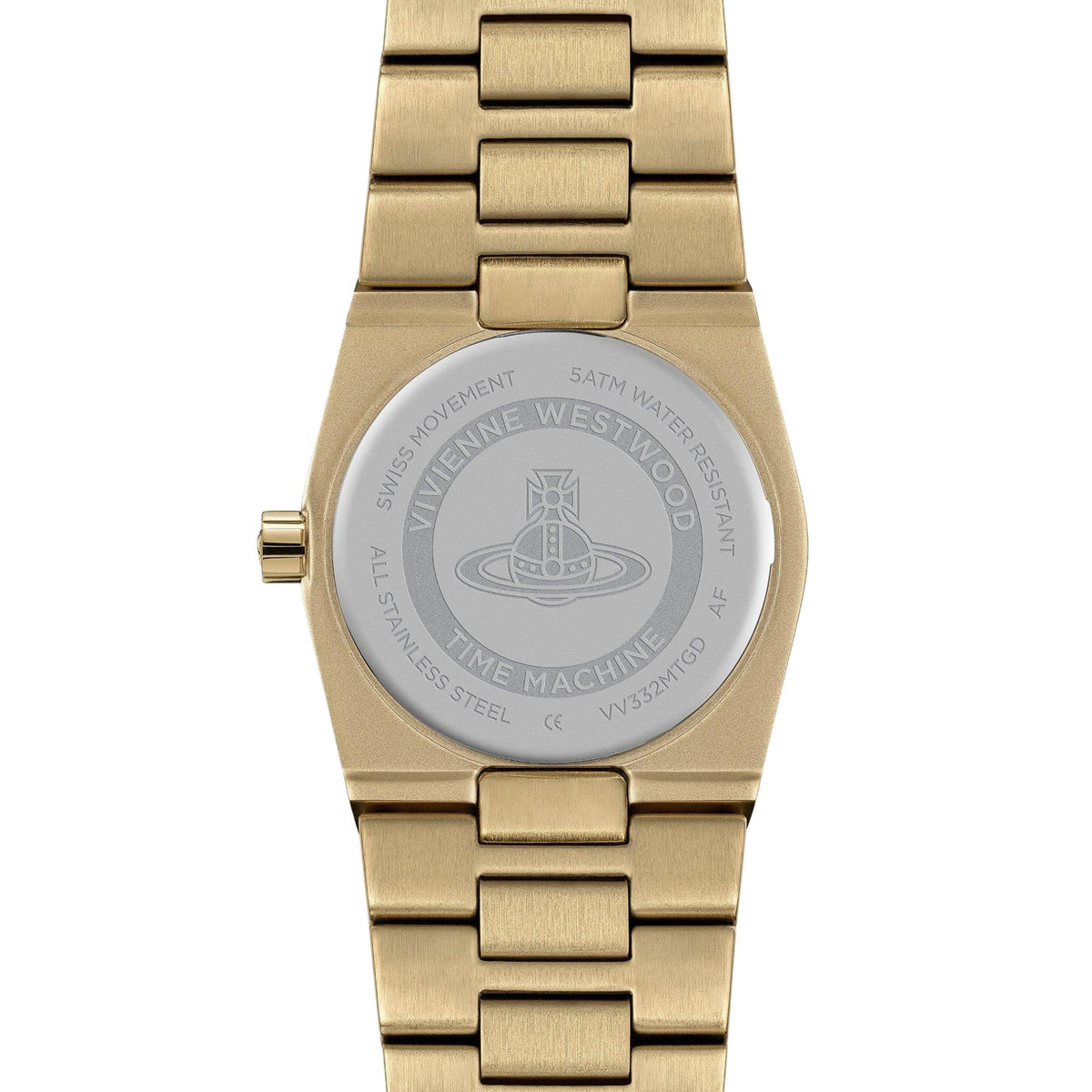 Vivienne Westwood The Hoxton VV332MTGD engraved stainless steel case back and link bracelet detail