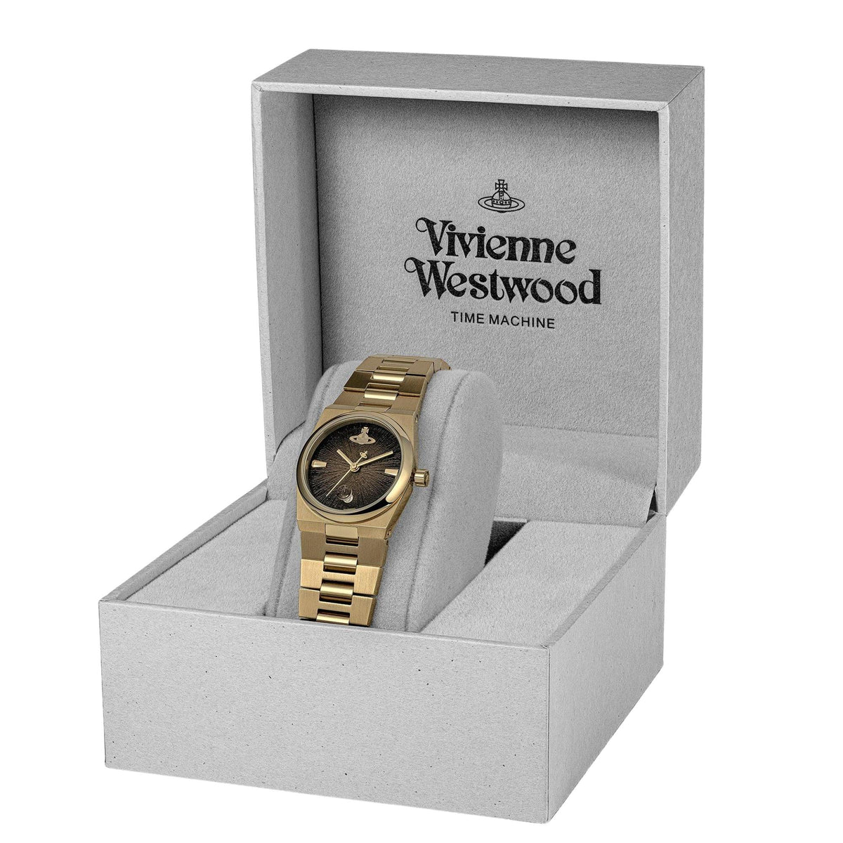 Vivienne Westwood The Hoxton VV332MTGD quartz black dial steel strap womens watch inside presentation box