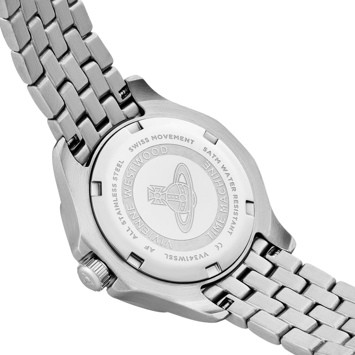 Back of silver-tone steel wristwatch case with engraved emblem, on metal bracelet
