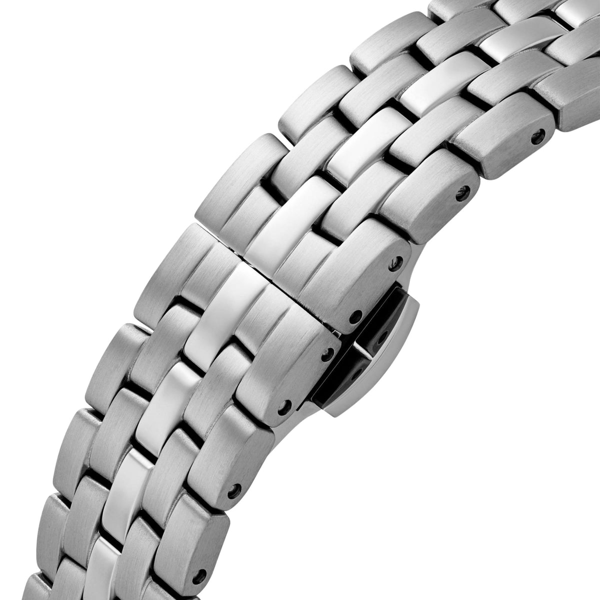 Silver-tone metal link watch bracelet close-up, with clasp and pins
