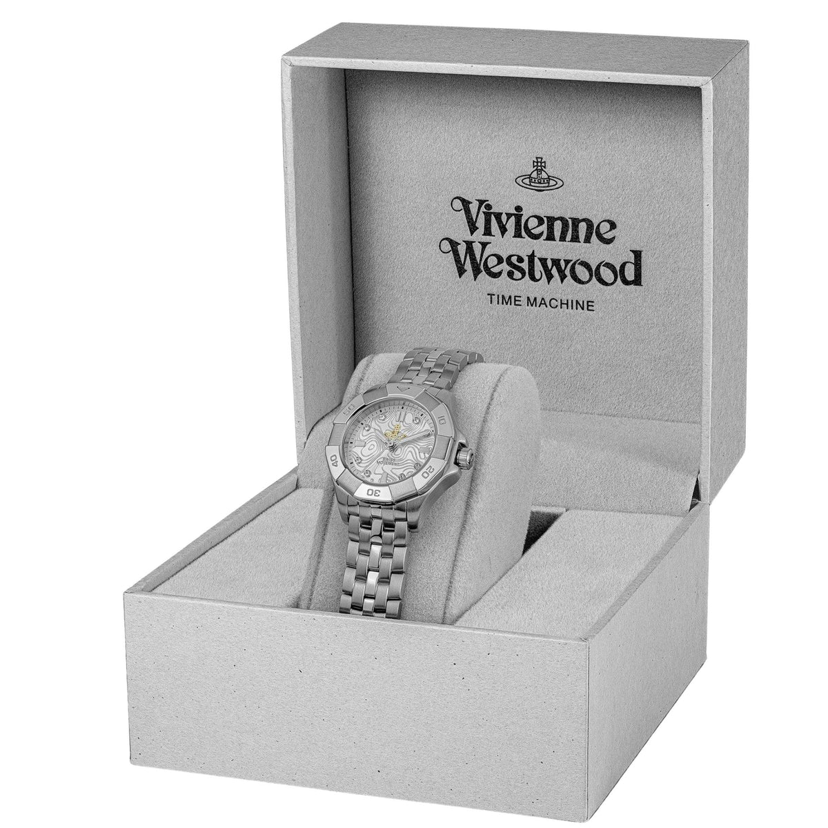 Silver-tone wristwatch set in a Vivienne Westwood presentation box with logo