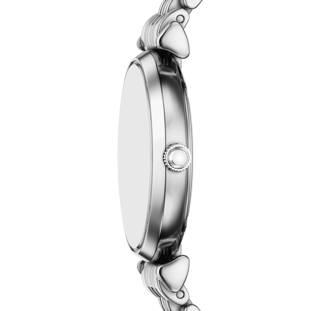 Stainless steel watch case side with crown detail and link bracelet