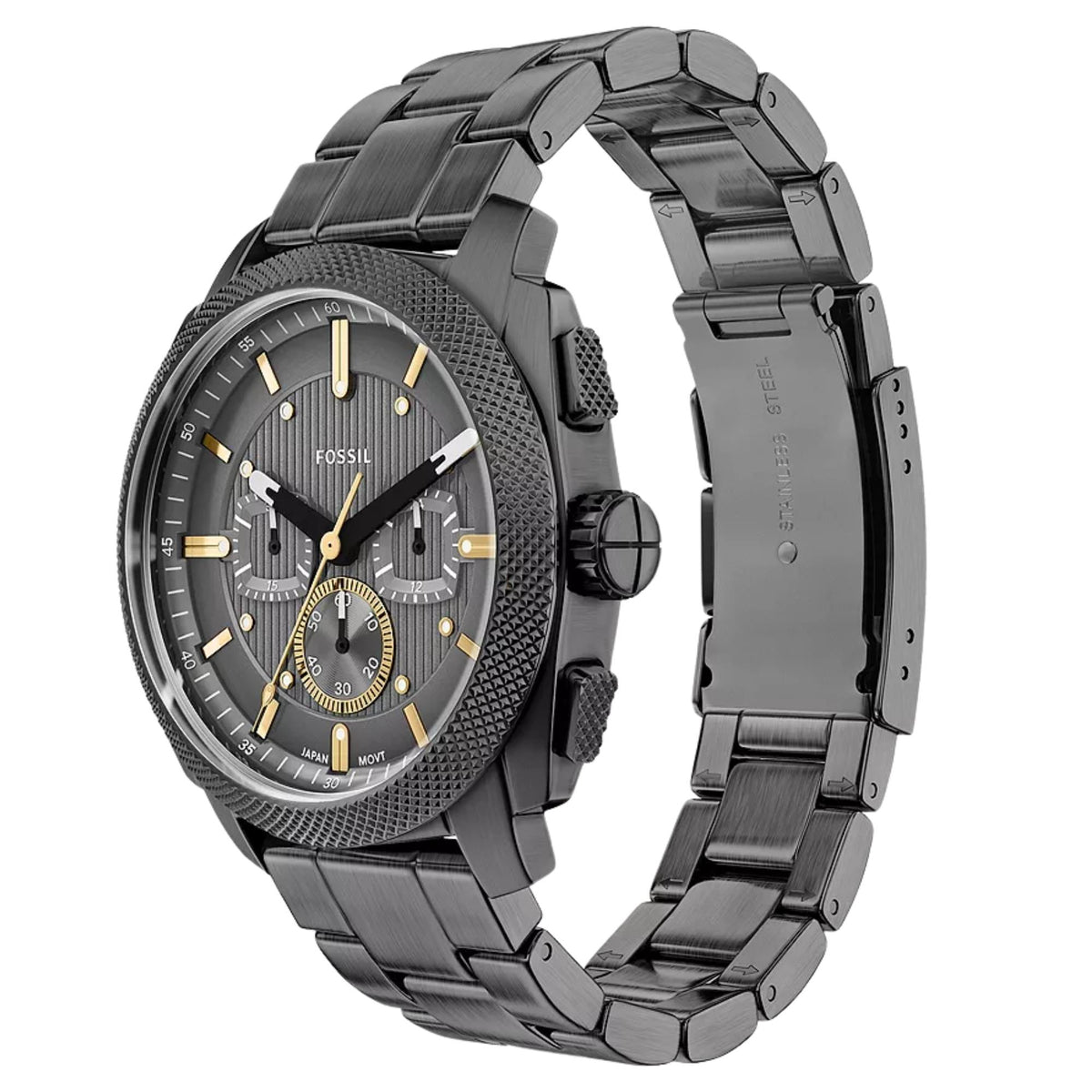 Fossil Machine FS6160 grey dial and steel link bracelet side angled view