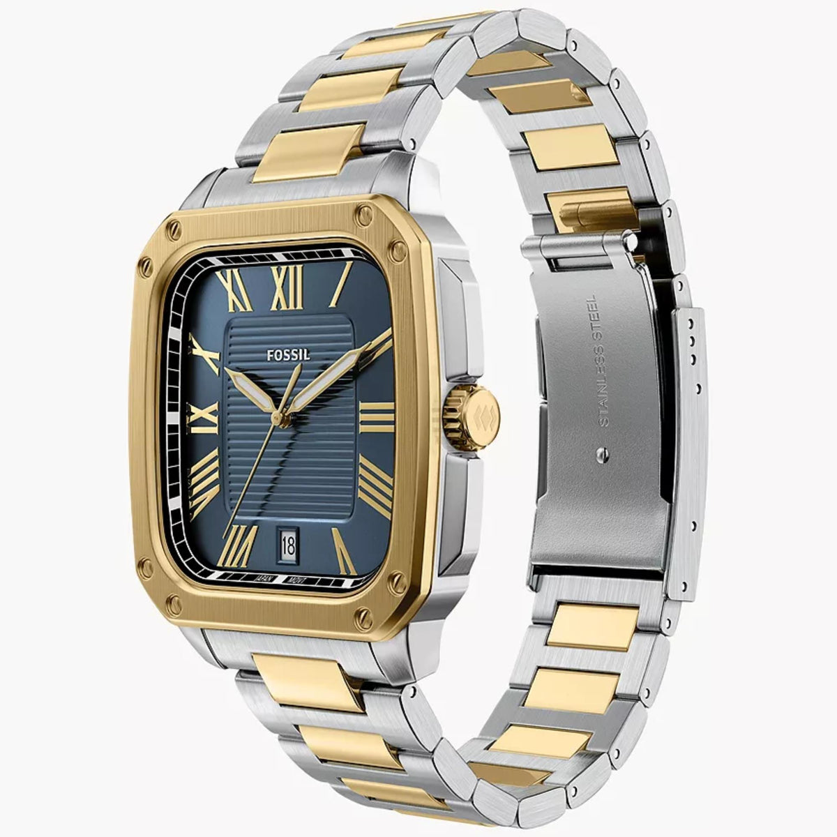 Angled perspective of the Fossil Crosby FS6161 watch displaying the blue dial, date display, gold accents, and folding clasp bracelet