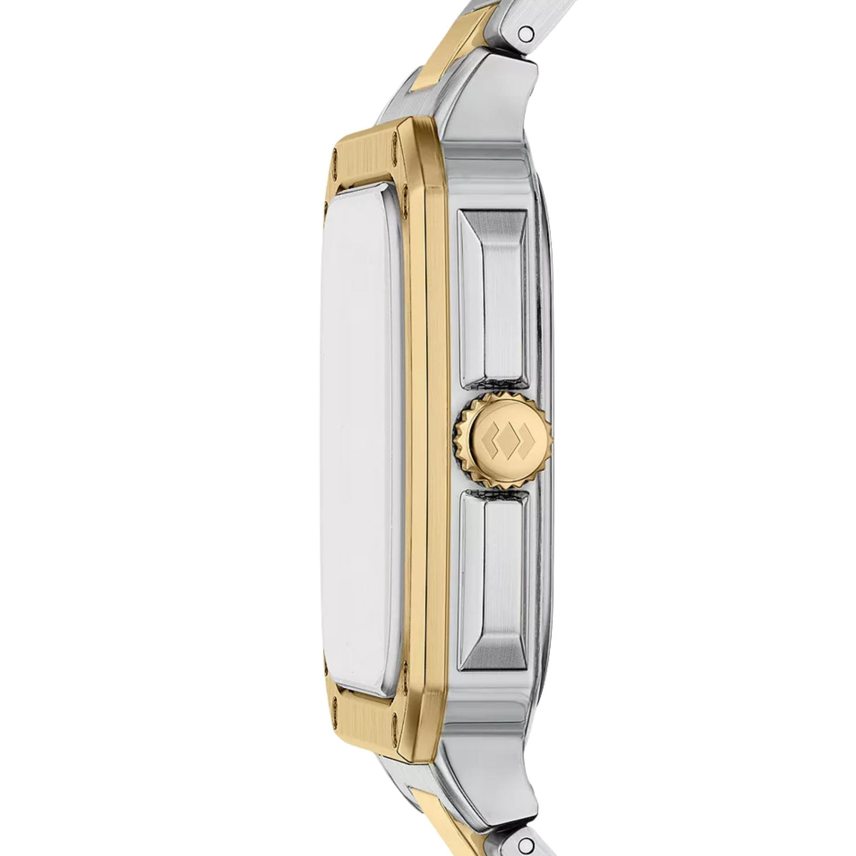 Side profile of the Fossil Crosby FS6161 wrist watch detailing the gold-plated crown and two-tone steel case construction