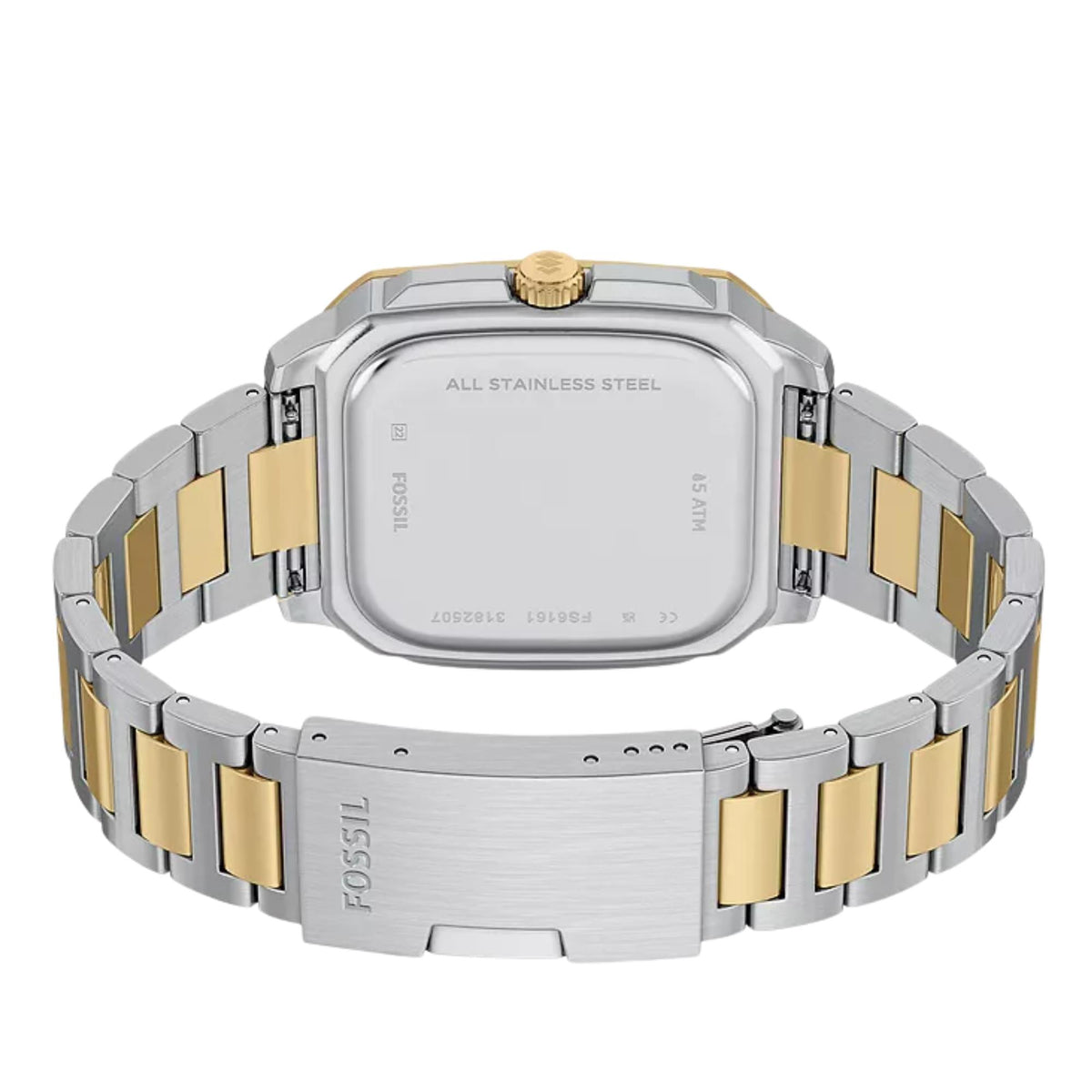 Caseback view of the Fossil Crosby FS6161 timepiece with closed two-tone steel bracelet showing engraved backplate details