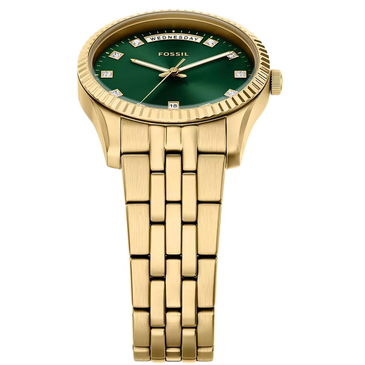 Angled top view of the Fossil Scarlette ES5460 timepiece highlighting the green dial and metallic gold-tone link bracelet