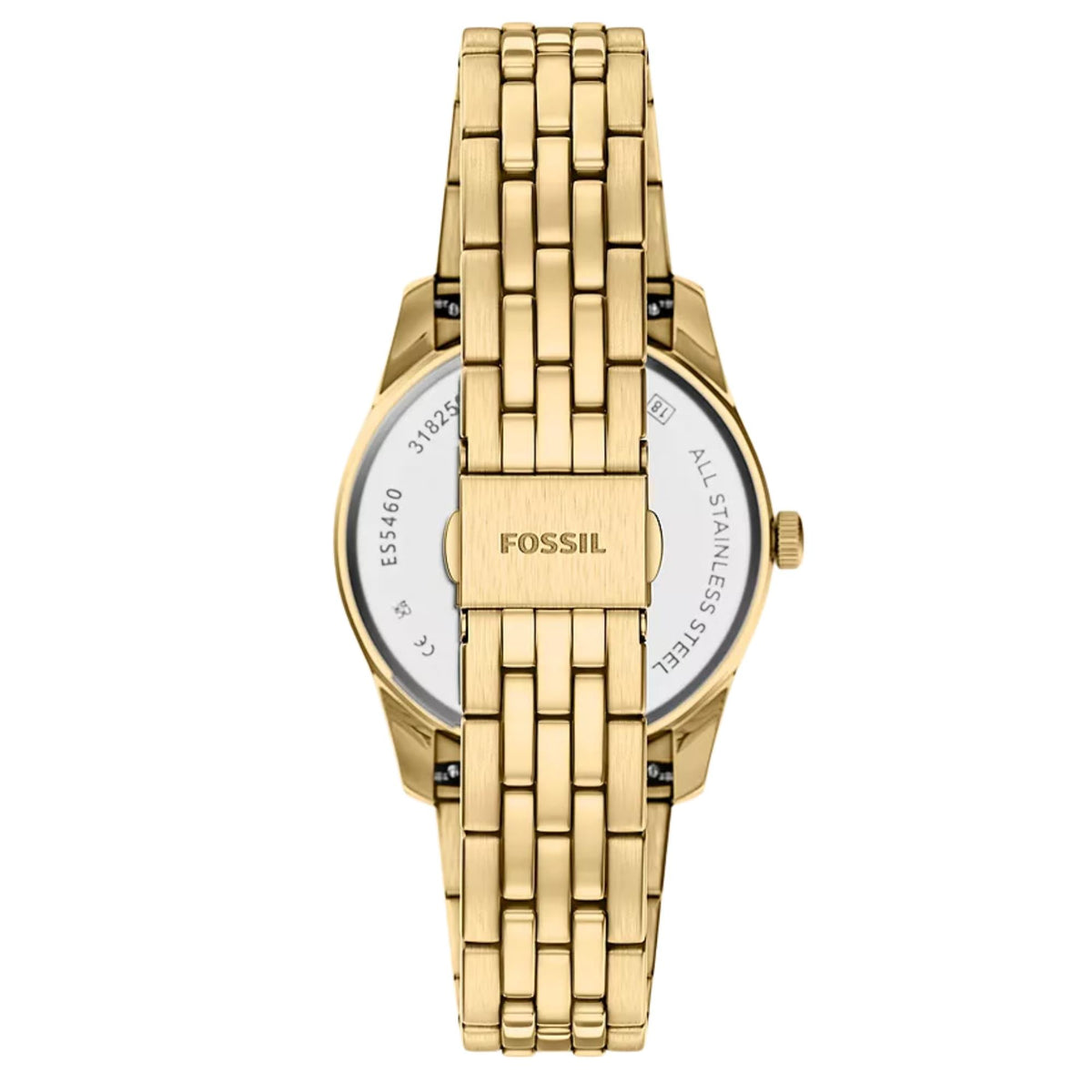 Flat back view of the Fossil Scarlette ES5460 watch showing the gold-tone steel bracelet and branded deployment clasp