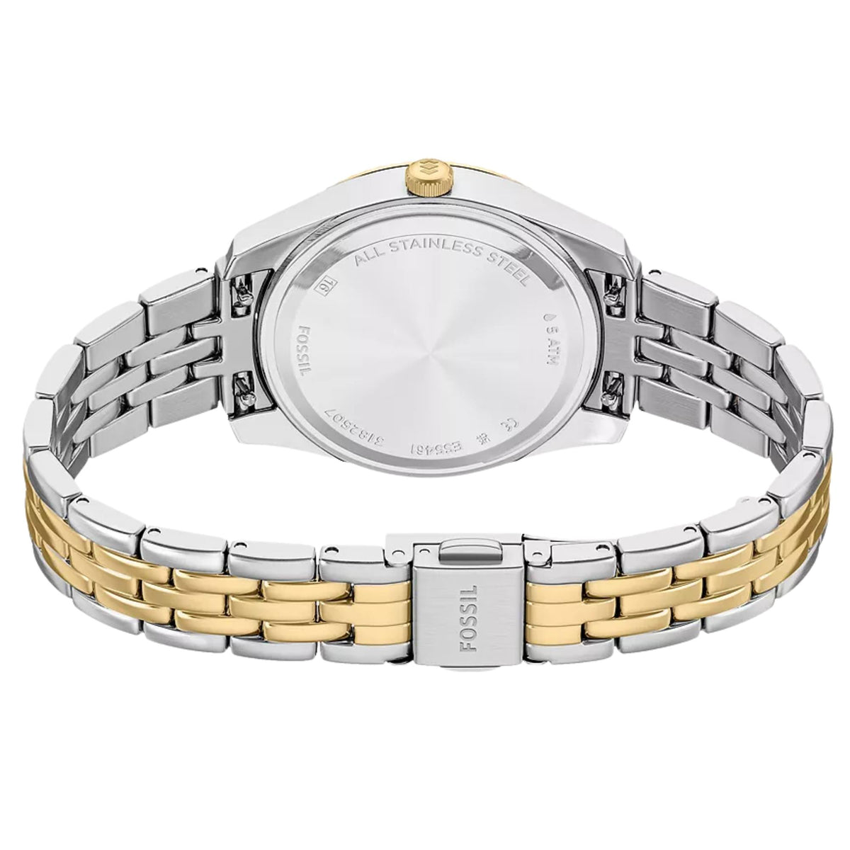 Two-tone stainless steel ladies quartz watch caseback with logo and metal link bracelet