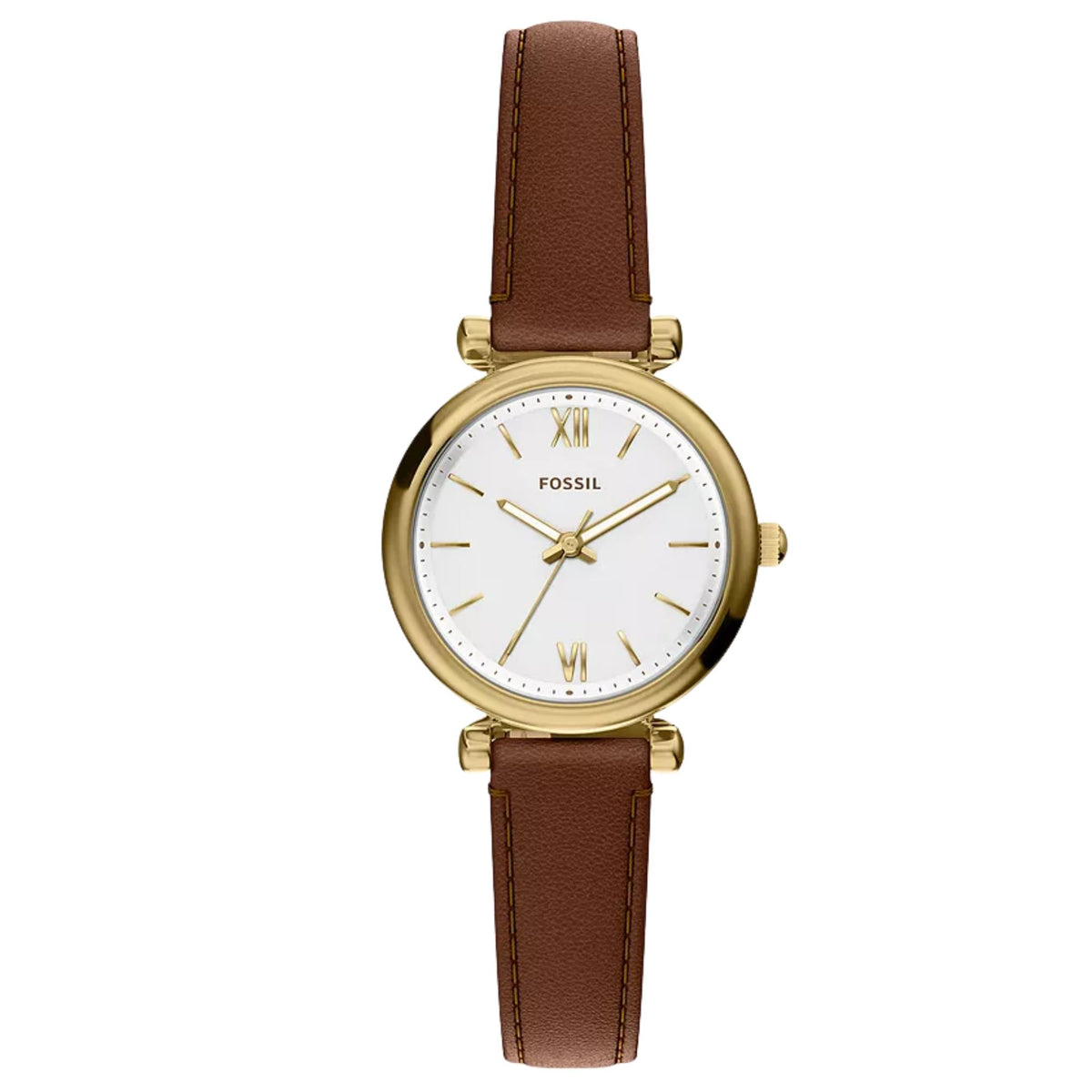 Fossil Carlie Mini ES5464 front view showing white dial with polished round case and slim leather strap