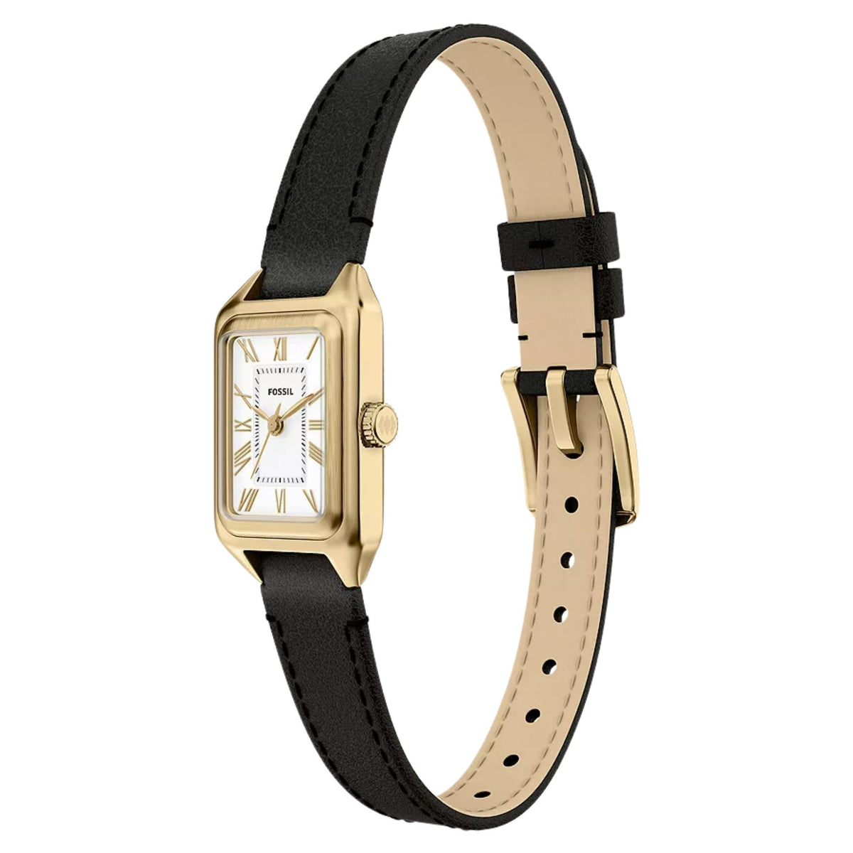 Three-quarter perspective of Fossil Raquel ES5470 ladies watch highlighting the white dial, gold Roman numerals, and black strap attachment