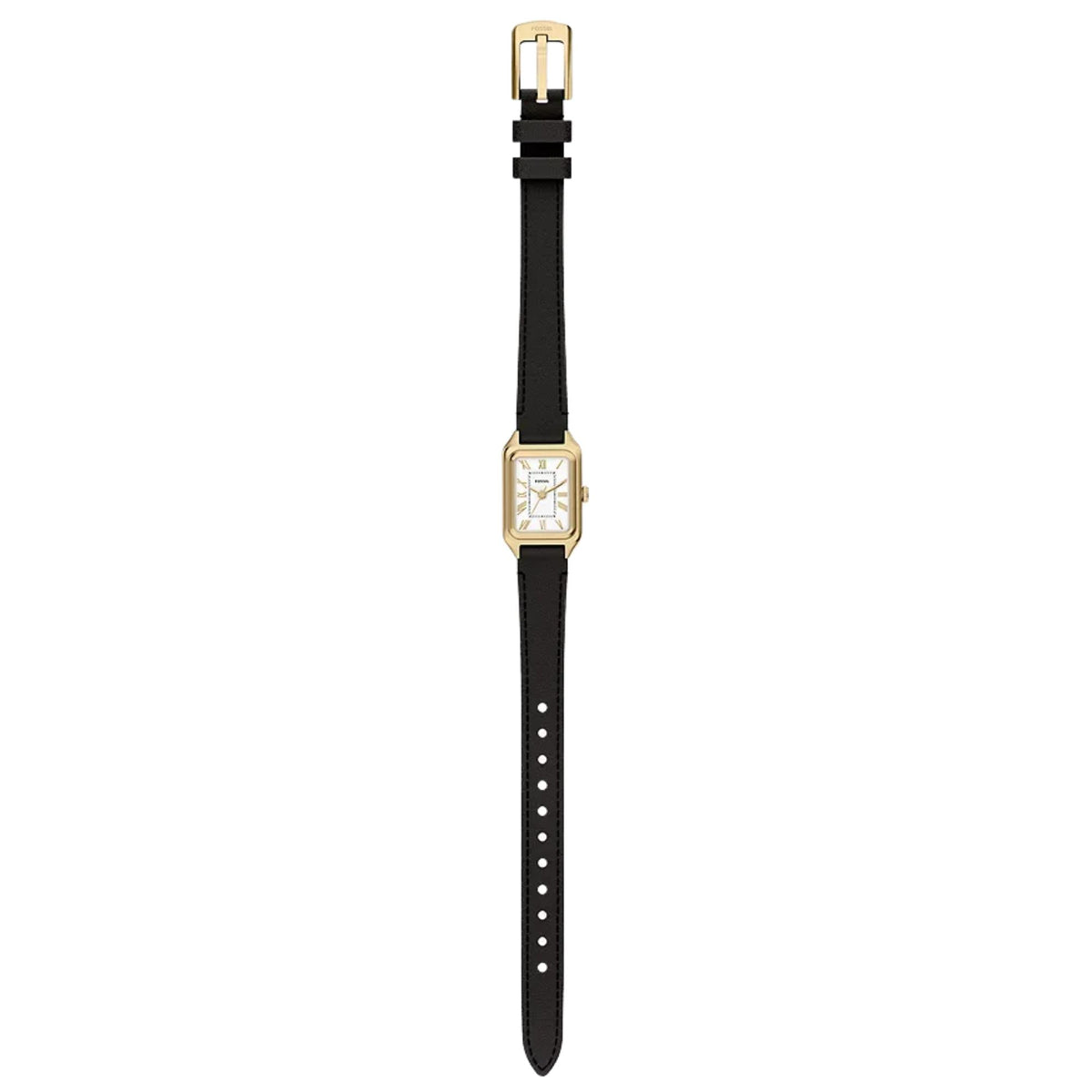 Flat lay layout of Fossil Raquel ES5470 ladies watch highlighting the full length black leather strap, gold-tone case, and white dial