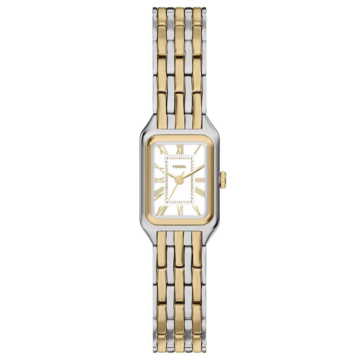 Front view of the Fossil Raquel ES5468 womens watch featuring a white dial, rectangular two-tone case, and matching metallic link bracelet