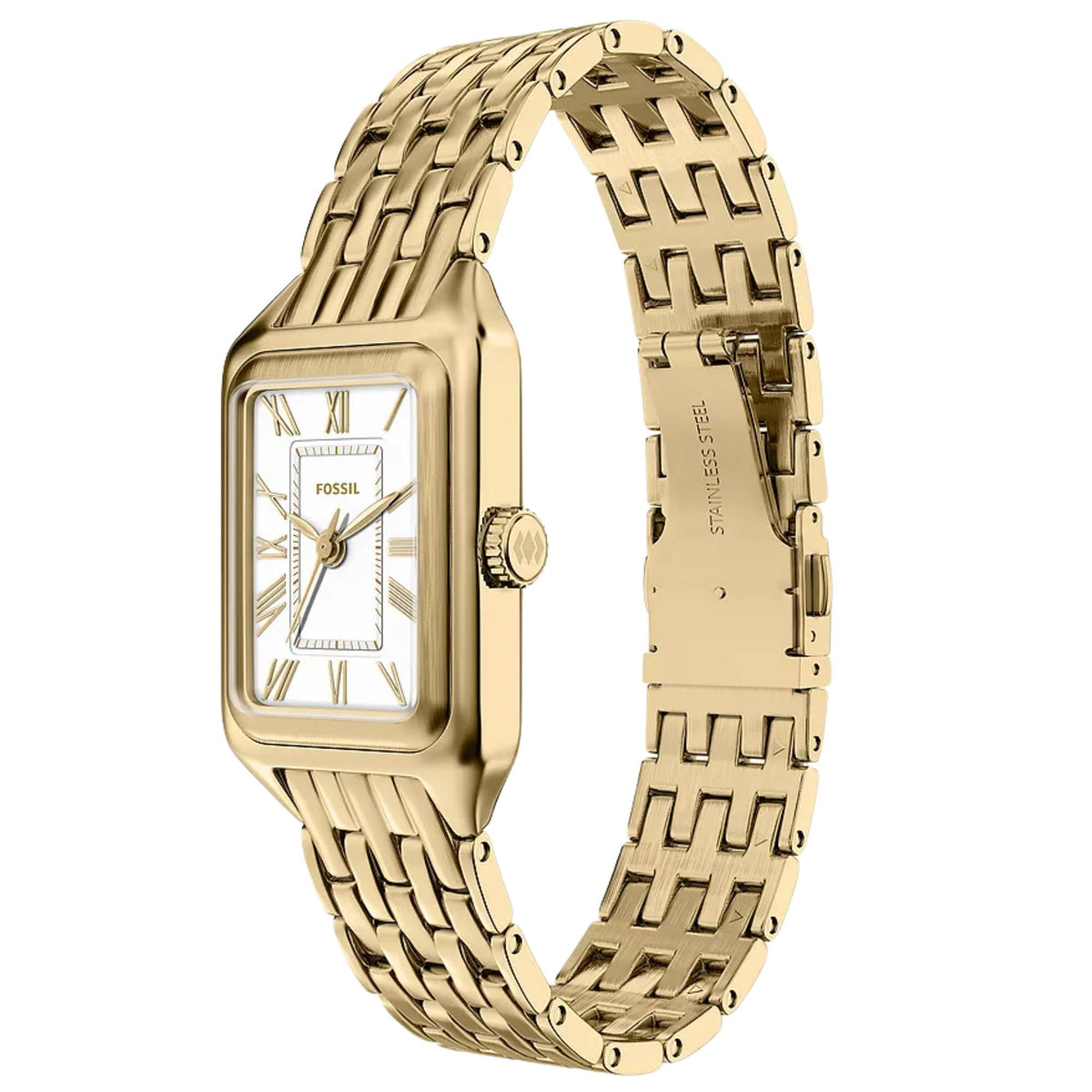 Three-quarter perspective of Fossil Raquel ES5467 ladies watch highlighting the white dial, gold Roman numerals, and steel bracelet attachment