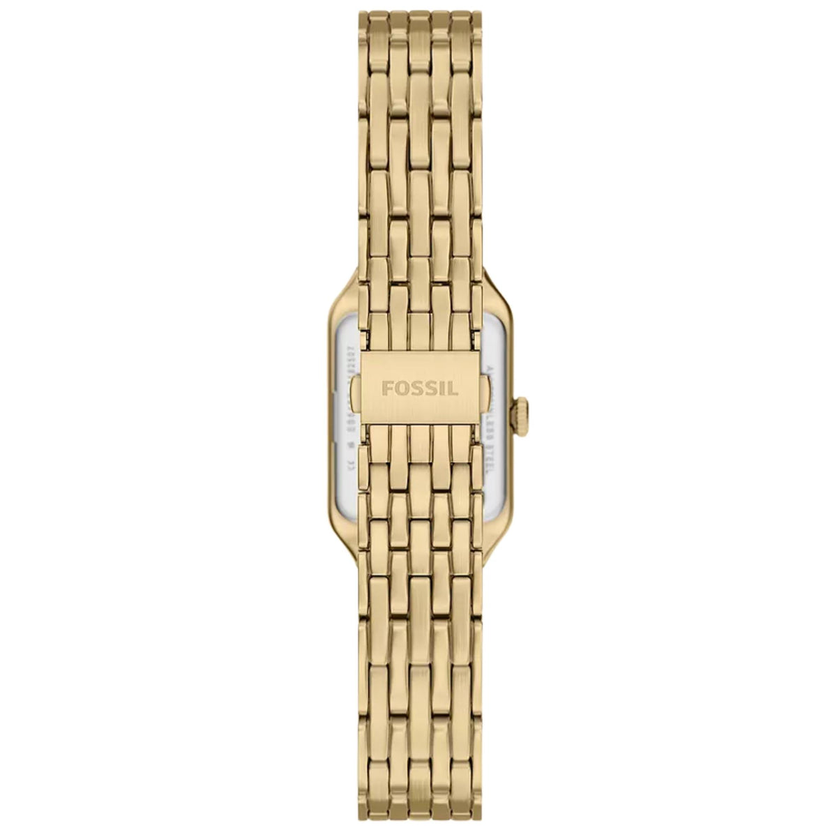 Rear view of Fossil Raquel ES5467 showing the gold-tone folding clasp, steel bracelet links, and case back outline