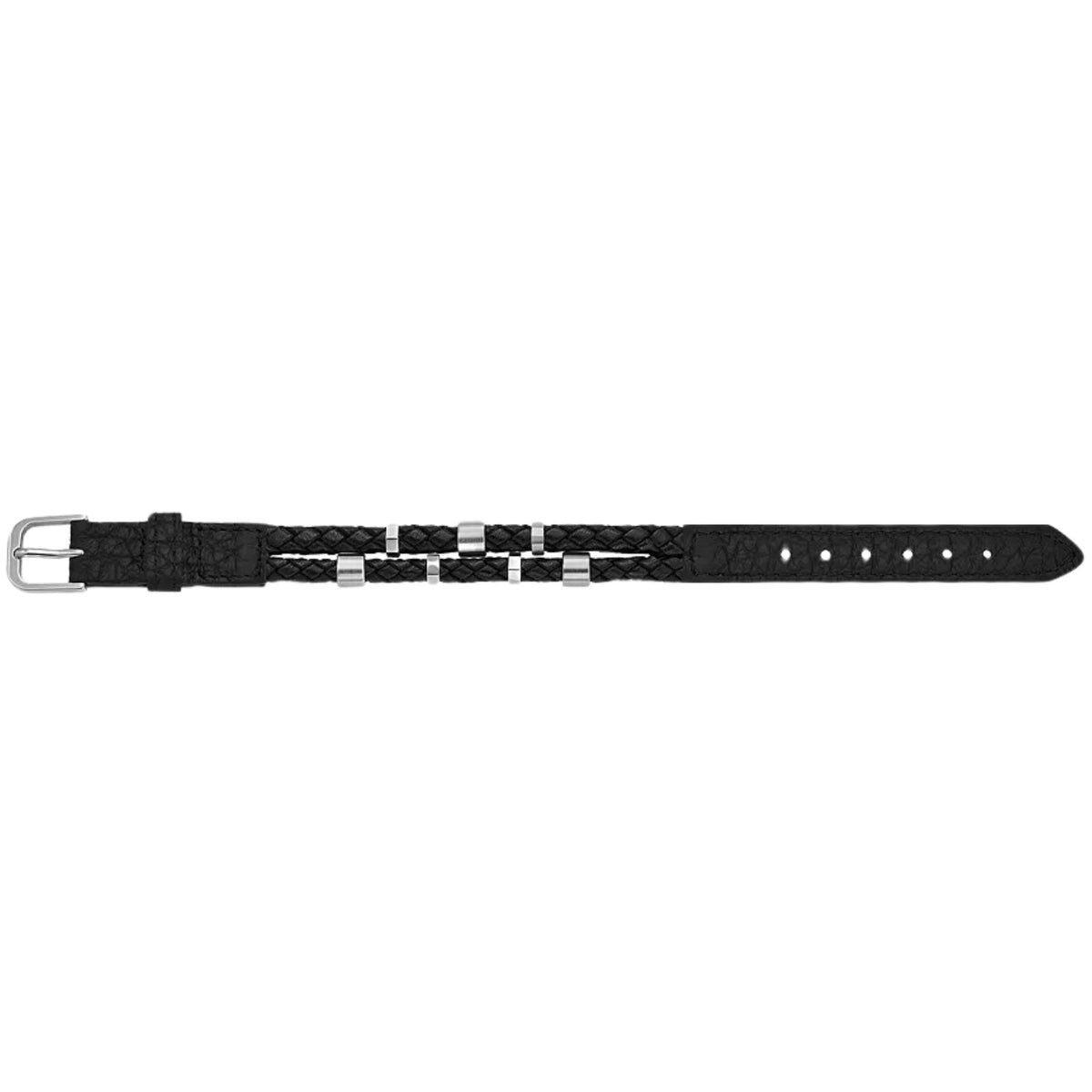 Black leather strap bracelet with silver-tone clasp and five-hole sizing