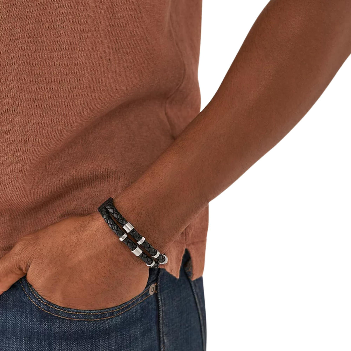 Men's black braided leather bracelet worn with silver-tone bars