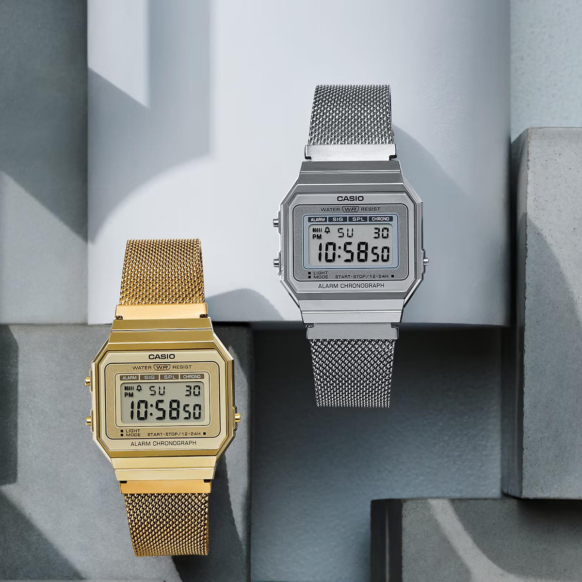 Casio Vintage Mini A700WEM-7AEF silver and gold mesh strap variants top view