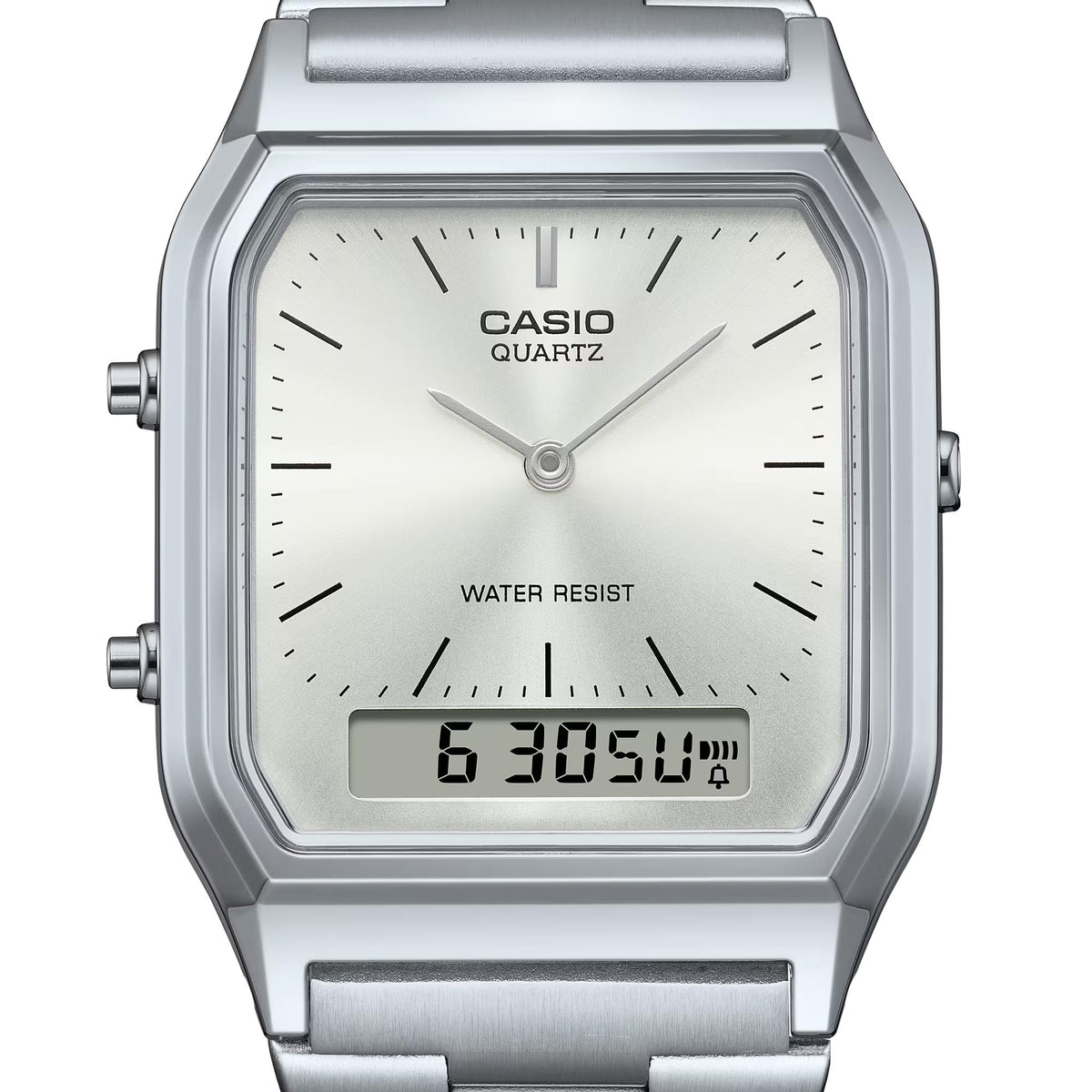 Casio silver steel quartz wrist watch, white dial, metal bracelet, water resist